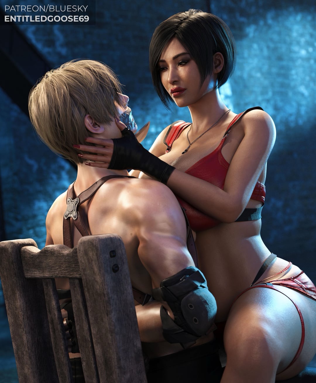 1boy, 1girls, ada wong, ada wong (adriana), asian female, bondage, entitledgoose, female domination, female on top, femdom, leon scott kennedy, leon scott kennedy (eduard badaluta), light-skinned male, male/female, resident evil, resident evil 4, resident evil 4 remake, restrained, restrained male, sitting on chair, tape on mouth, tape over mouth, tied up