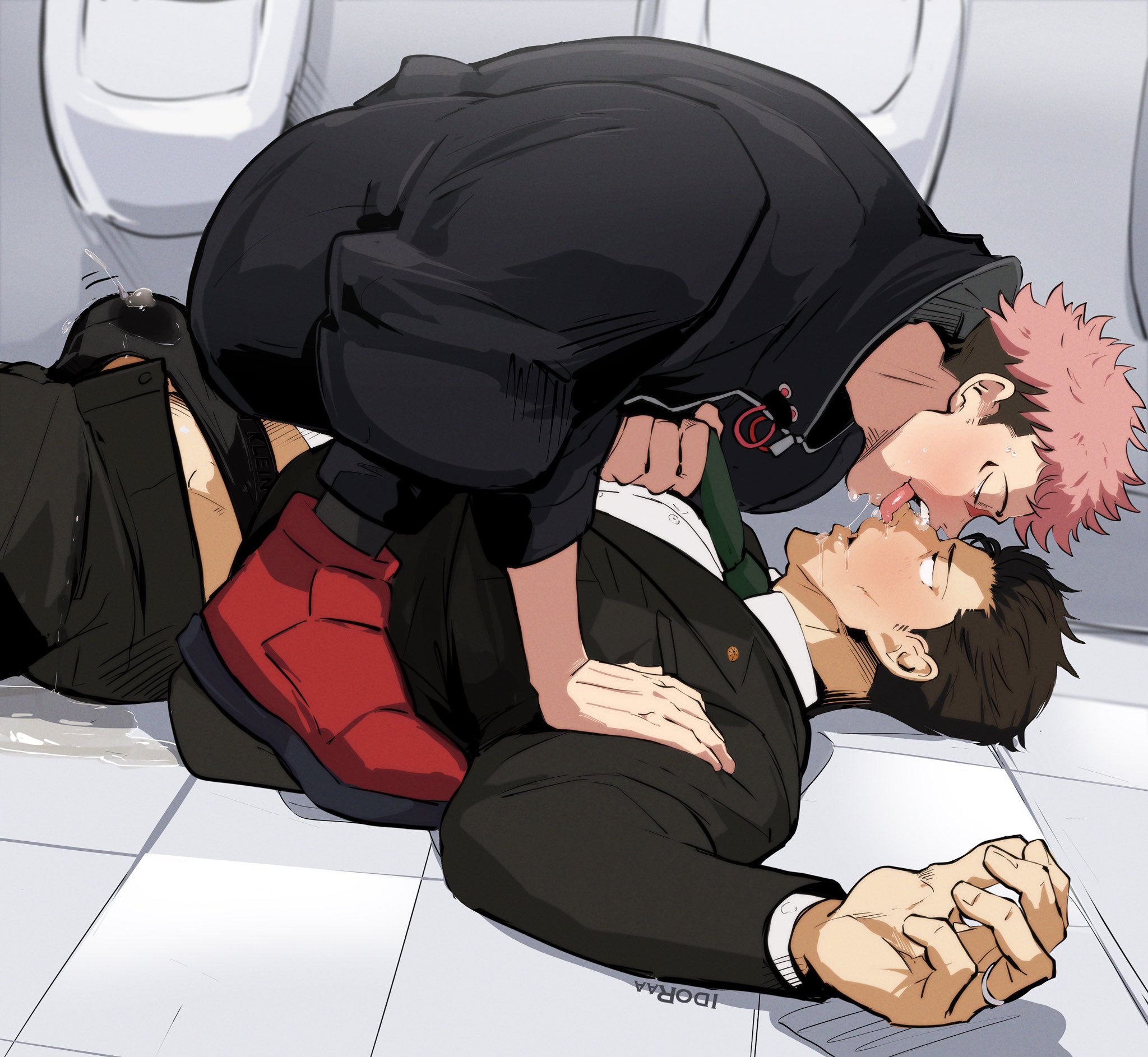 age difference, ai generated, bathtub, black hair, bulge, closed eyes, eating ass, face in ass, gay, gay sex, half submerged, hiromi higuruma, idoraad, itadori yuuji, jujutsu kaisen, kissing nose, lilprincyvi, male only, male/male, older male and younger male, pink hair, saliva, saliva trail