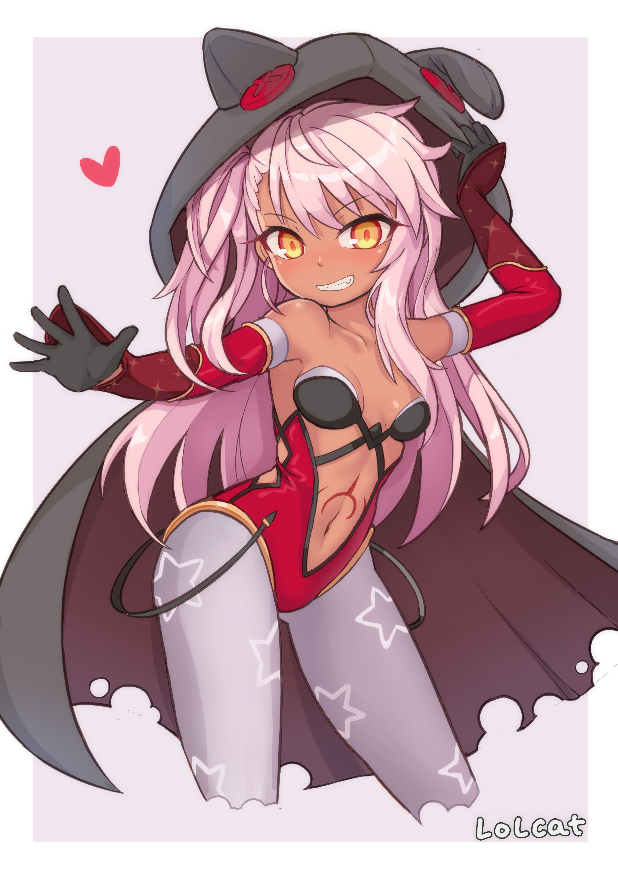1girls, ass, belly, belly tattoo, blush, breasts, chloe von einzbern, cosplay, cute fang, fate (series), fate/grand order, fate/kaleid liner prisma illya, female, female only, gloves, halloween, halloween costume, hoodie, leggings, leotard, lolcat (wng0623), long hair, looking at viewer, mesugaki, midriff, pink hair, pose, side ponytail, small breasts, smile, smug, solo, tan, tan skin, tattoo, yellow eyes