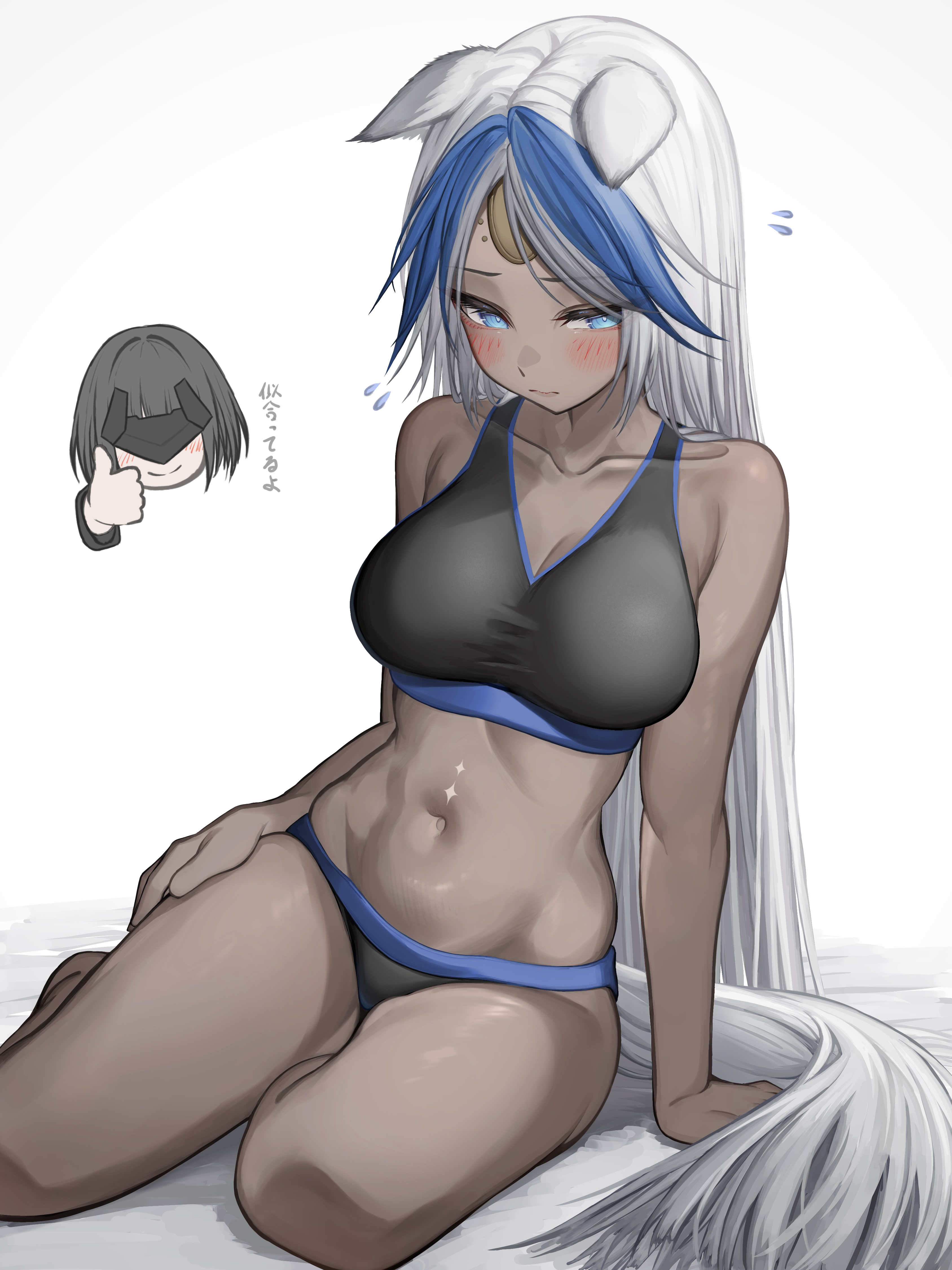 2026, 2girls, animal ears, arclight (arknights: endfield), arknights, arknights: endfield, black bra, black panties, blue eyes, blue hair, blush, bra, breasts, closed mouth, collarbone, dark skin, dark-skinned female, endministrator (arknights: endfield), female endministrator (arknights: endfield), flying sweatdrops, hi res, horse ears, horse girl, horse tail, large breasts, long hair, looking at viewer, multicolored hair, multiple girls, navel, panties, simple background, sitting, solo focus, stomach, tab head, tail, thumbs up, two-tone hair, underwear, underwear only, very dark skin, very long hair, white hair