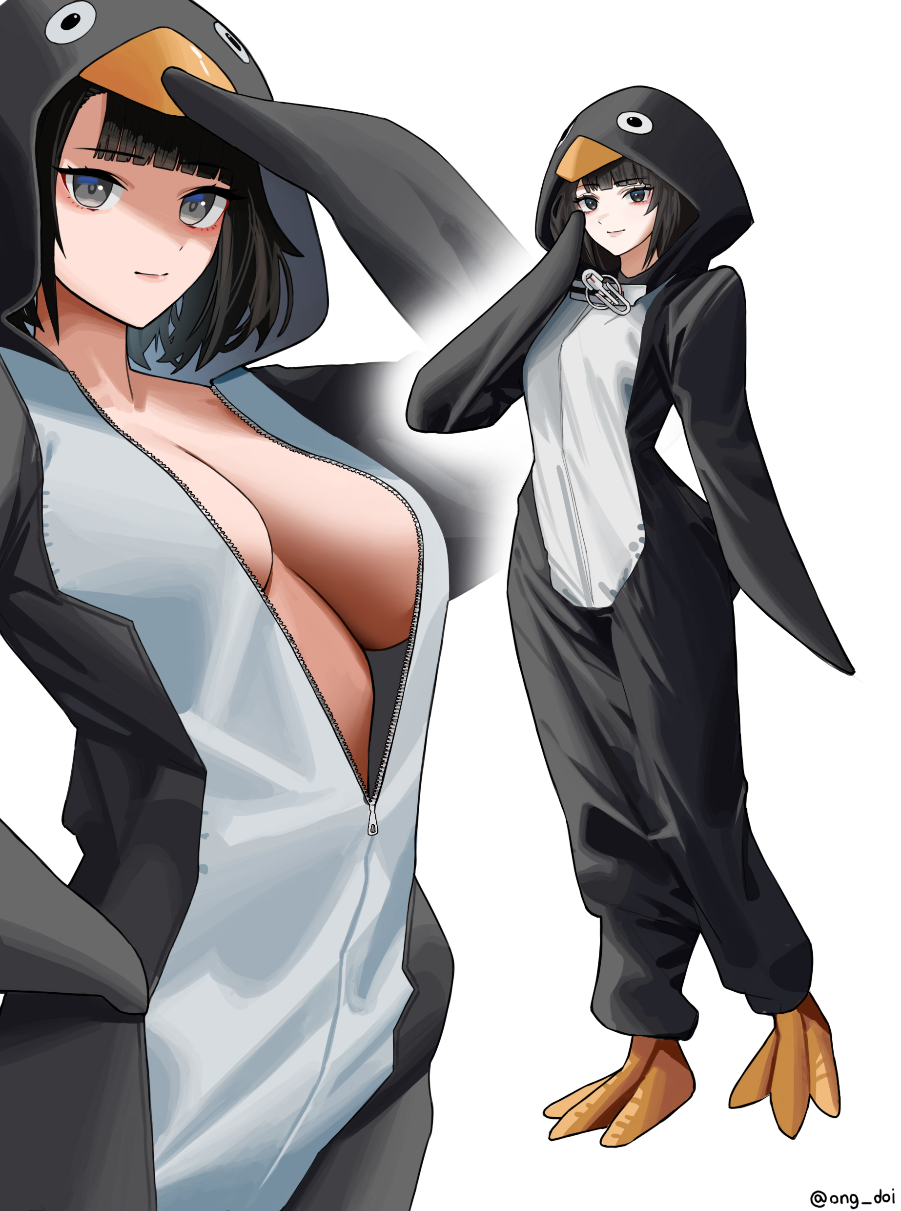 1girls, animal costume, arknights, arknights: endfield, black hair, bob cut, breasts, endministrator (arknights: endfield), female, female endministrator (arknights: endfield), full-length zipper, grey eyes, kirirei 228, large breasts, light skin, light-skinned female, looking at viewer, multiple views, partially unzipped, penguin costume, short hair, simple background, solo, solo female, white background, zipper