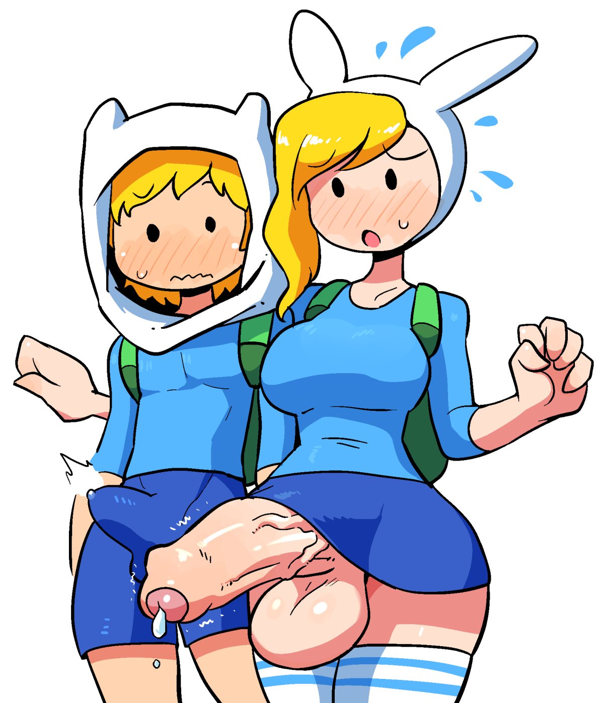 1boy, 1futa, adventure time, backpack, bag, balls, big balls, big breasts, big penis, black eyes, blonde hair, blush, breasts, bunny ears, clothed, clothing, crap-man, duo, embarrassed, erection, erection under clothes, female, finn the human, fionna the human girl, foreskin, fully clothed, futa focus, futa is bigger, futanari, headwear, hi res, hood, huge cock, human, intersex, legwear, light skin, light-skinned futa, looking at penis, male, mostly clothed, no panties, pale skin, penis, penis size difference, precum, skirt, skirt lift, standing, uncensored, uncircumcised, uncut, veiny penis, white background