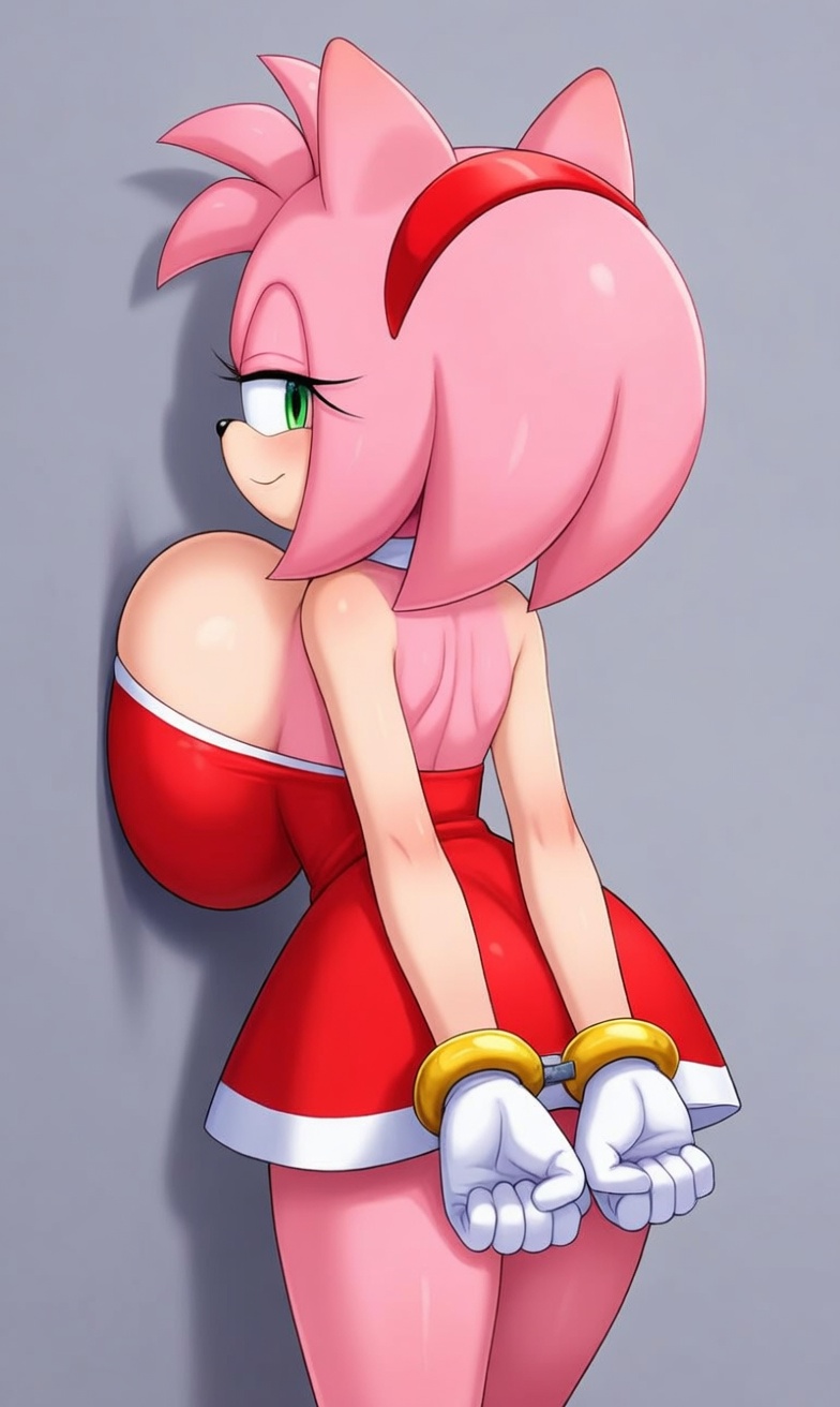 amy rose, back, back view, bedroom eyes, big breasts, breast, breasts on wall, handcuffs, pressing breasts