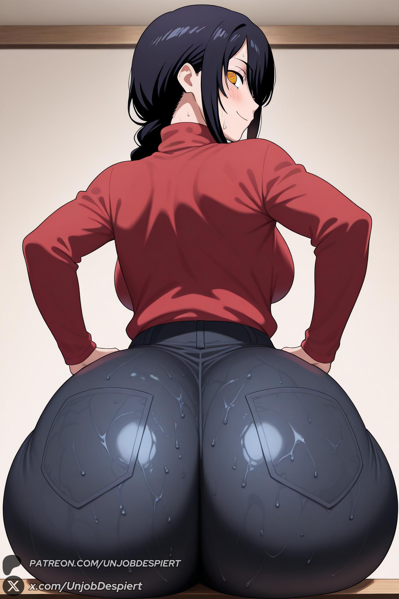 1female, 1girls, 2026, ai generated, artist name, ass, ass focus, big ass, big breasts, black hair, blush, braid, braided ponytail, breasts, chainsaw man, curvy, denim, female, female only, from behind, hi res, high quality, high resolution, highres, huge ass, huge breasts, jeans, large breasts, long hair, long sleeves, looking at viewer, looking back, mature female, nayuta (chainsaw man), orange eyes, pants, pantylines, patreon, patreon username, red sweater, sitting, smile, solo, sweater, turtleneck, unjobdespiert, watermark, wet, yellow eyes