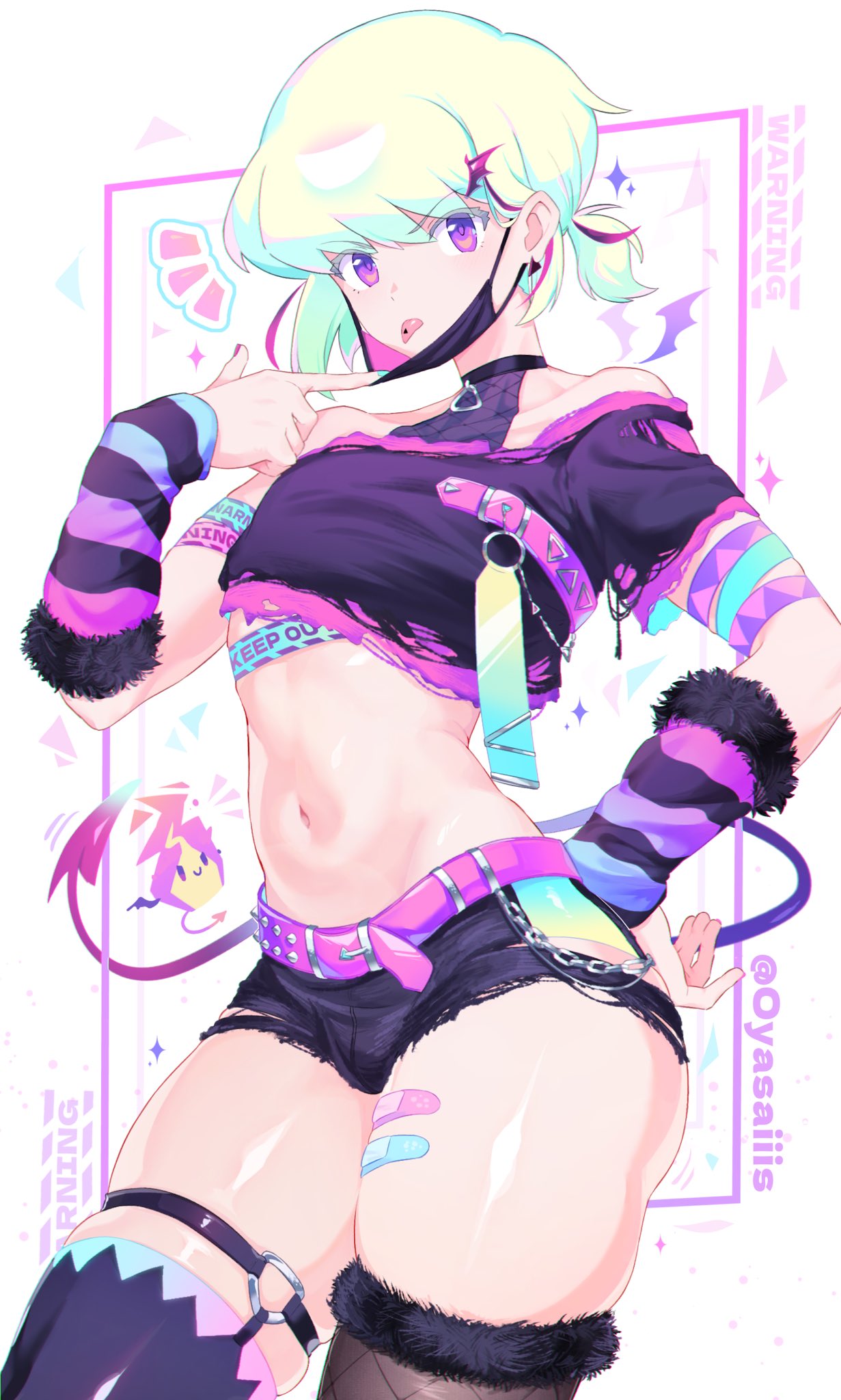 1boy, androgynous, arm warmers, bandaid, blonde hair, booty shorts, choker, collar, crossdressing, femboy, femboy only, feminine male, fishnet legwear, fishnets, lio fotia, looking at viewer, male, mask, midriff, minishorts, oyasaiiis, painted nails, petite, petite body, petite male, ponytail, promare, short hair, short shorts, shorts, slim, slim male, slim waist, solo, stockings, thick thighs, thigh strap, thighhighs, tongue out, tsundere, twink