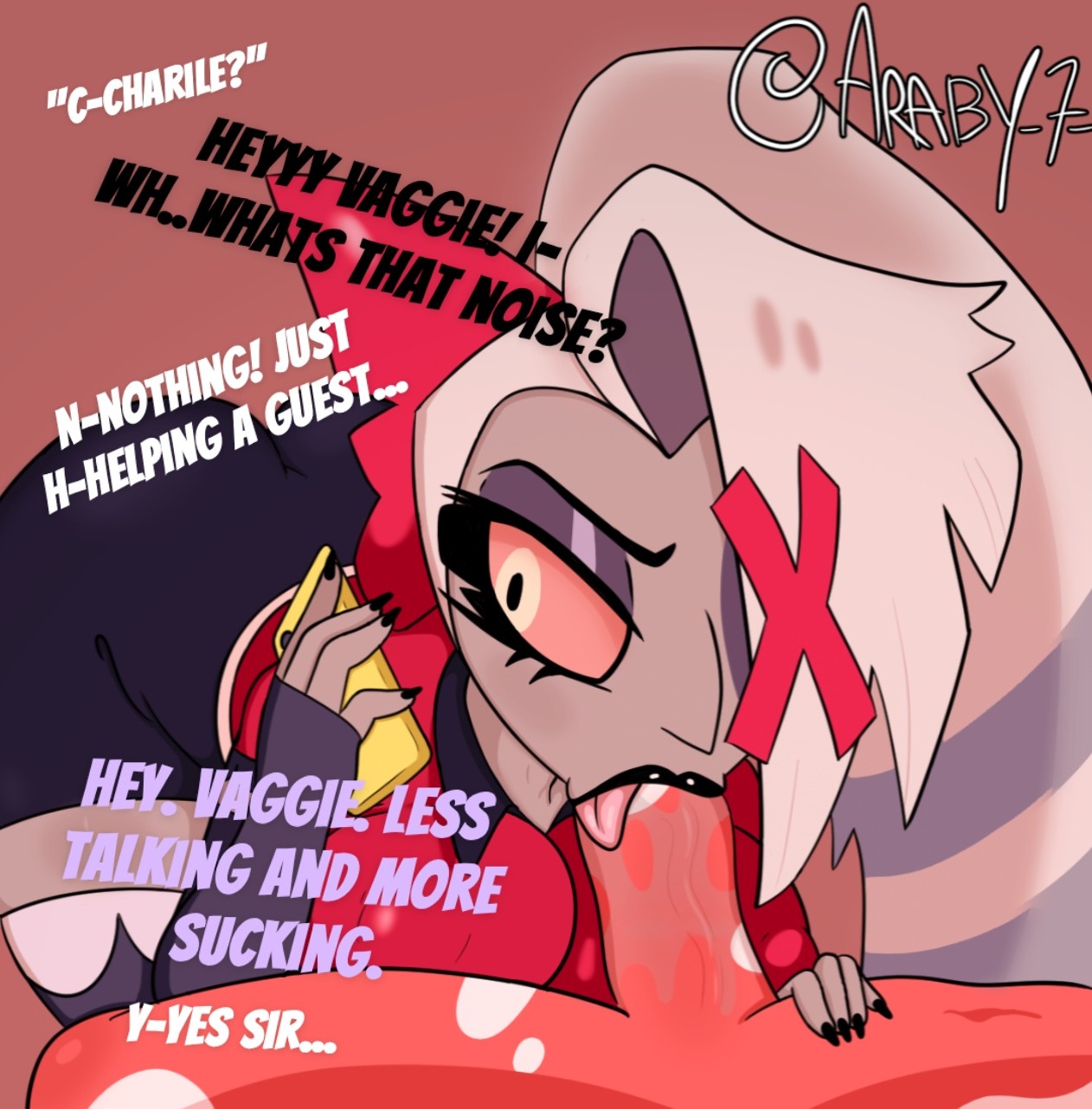 :>=, 1 eye, angel, araby, big ass, big breasts, big penis, blowjob, breasts, cellphone, cheating, cheating girlfriend, clothed, clothing, cuckquean, demon, duo, erection, faceless male, fellatio, grey body, hair, hazbin hotel, infidelity, interspecies, male, male/female, netorare, nude, open mouth, oral, orientation play, penis, saliva, sex, simple background, straight, thick thighs, tongue, tongue out, vaggie (hazbin hotel), vein, veiny penis, white hair