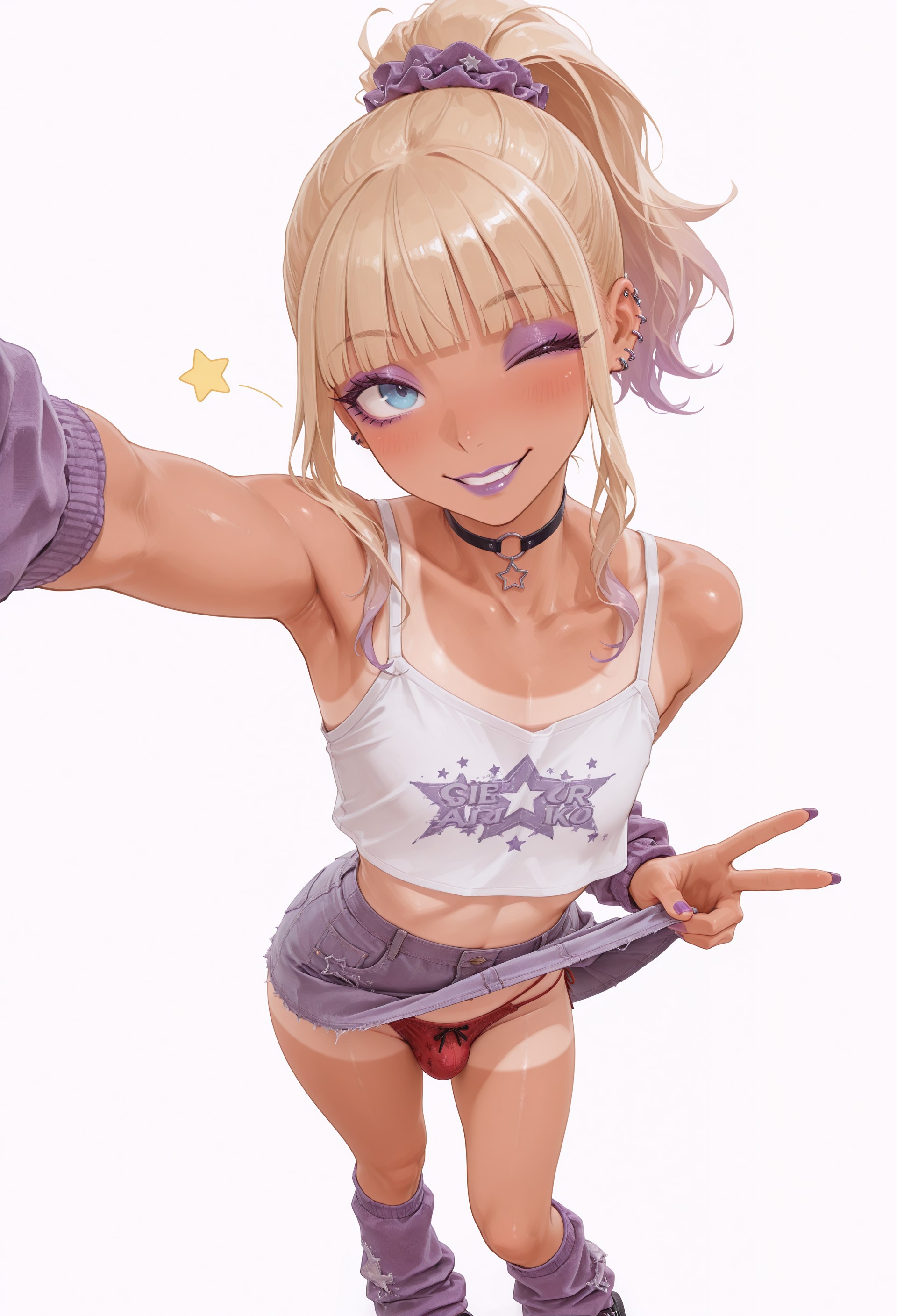 1boy, 1femboy, 2026, ai generated, alternate version available, arm up, armpit, black choker, blonde hair, blush, bulge, choker, crossdressing, eyebrows, eyelashes, eyeshadow, femboy, feminine male, girly, gyaru, gyaru-oh femboy, hips, hourglass figure, jean skirt, lips, lipstick, looking at viewer, panties, peace sign, pectorals, presenting, presenting bulge, red panties, selfie, shirt, simple background, skirt, skirt lift, skirt up, smile, smiling, solo, tanned femboy, thighs, trap, v, v sign, vuurtoren, white background, wink, winking at viewer