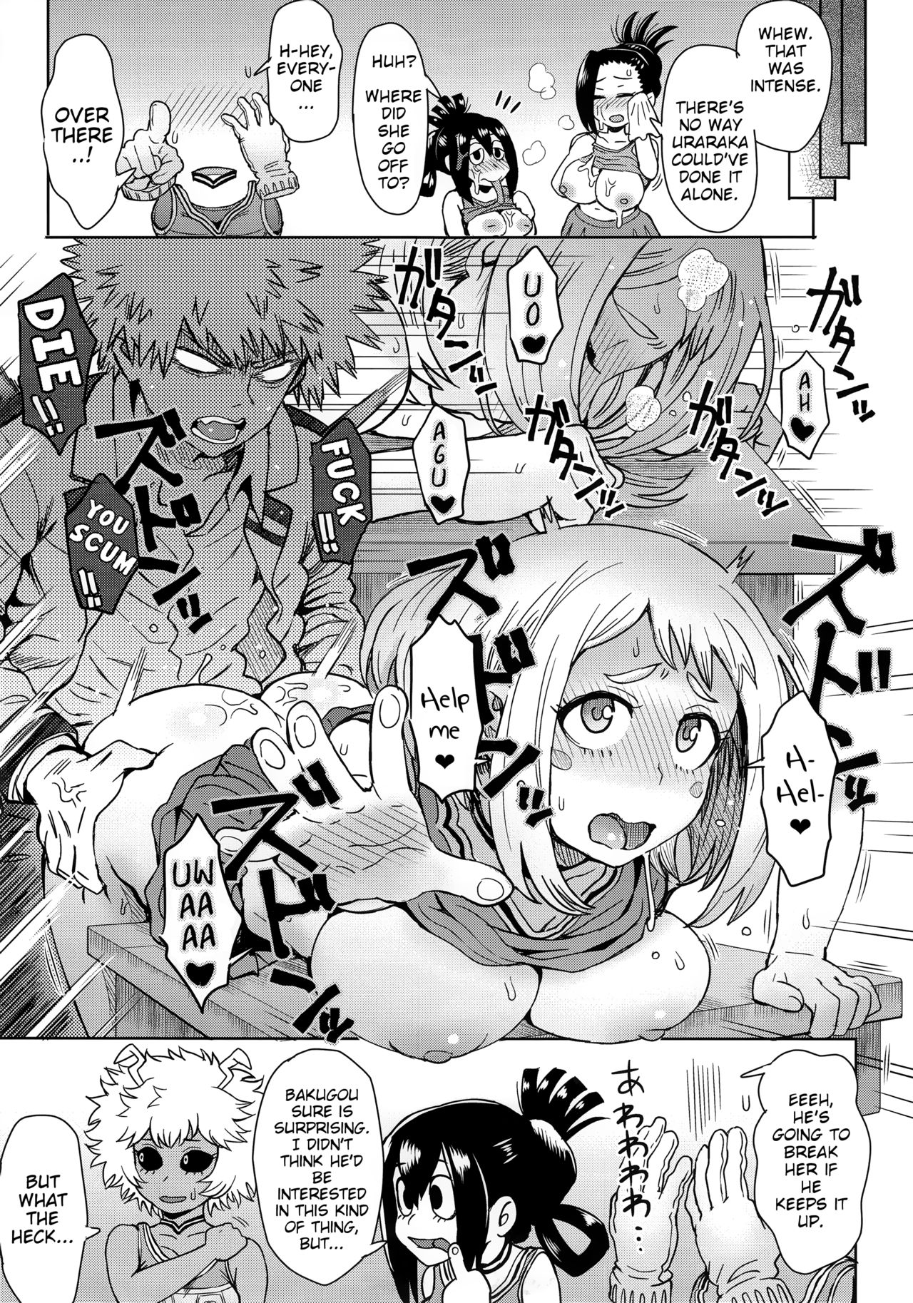 1boy, 5girls, after sex, cheerleader, cheerleader uniform, dialogue, doujinshi, female, hagakure tooru (invisible), katsuki bakugou, male, mina ashido, momo yaoyorozu, monochrome, multiple girls, my hero academia, ochako uraraka, prostitution, rough sex, sex, spiky hair, straight, tooru hagakure, tooru hagakure (invisible), tsuyu asui