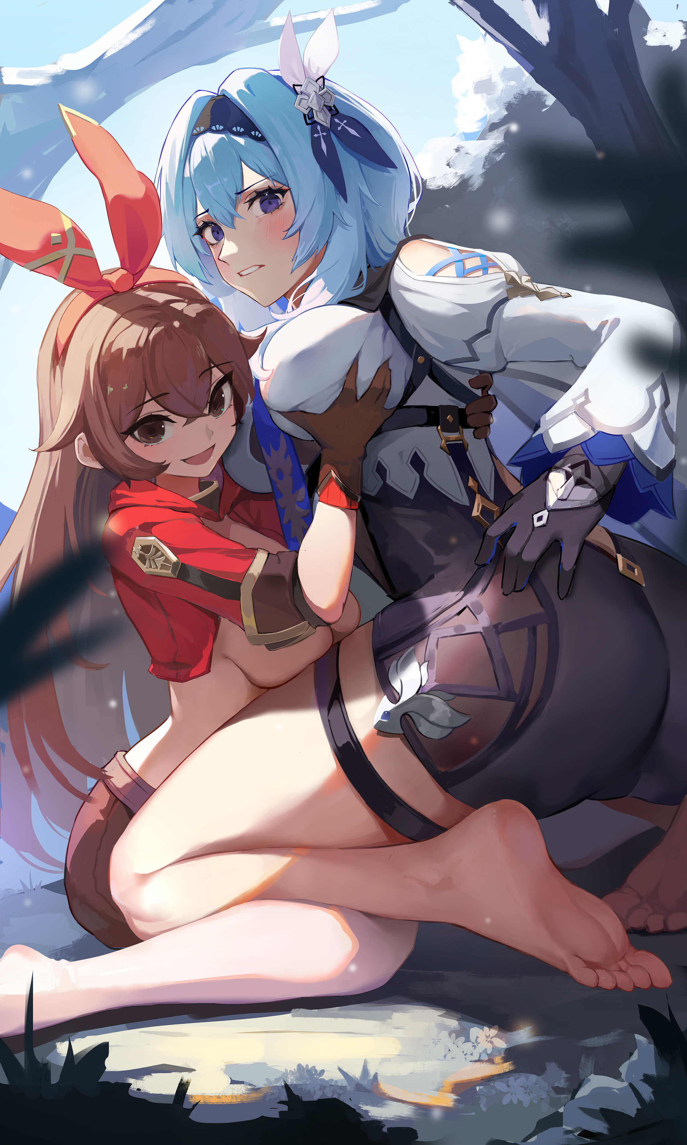 2girls, absurd res, amber (genshin impact), ass, big ass, big breasts, big butt, black bodysuit, blue eyes, blue hair, blush, bodysuit, breast grab, breast press, breast squeeze, breast squish, breasts, brown eyes, brown hair, brunette, bunny ears, clothing, detailed background, eula (genshin impact), feet, female, genshin impact, grabbing, grabbing breasts, hair between eyes, hair ornament, hair ribbon, hairband, headband, hi res, highres, huge ass, huge breasts, huge butt, jingshan, large ass, large breasts, long hair, looking at viewer, on floor, short hair, sideboob, size difference, soles, squeezing, squeezing breast, stockings, thick, thick ass, thick thighs, thigh strap, thighs, white stockings