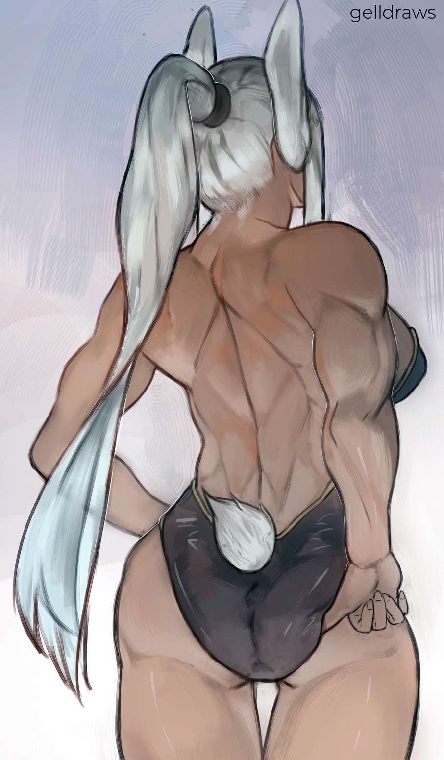 1girls animal_ears artist_name back_muscles back_view bunny_ears bunnysuit dark-skinned_female dark_skin faceless_female facing_away female female_only fit fit_female gelldraws miruko muscular muscular_female my_hero_academia rabbit_ears rabbit_girl rumi_usagiyama toned toned_female white_hair