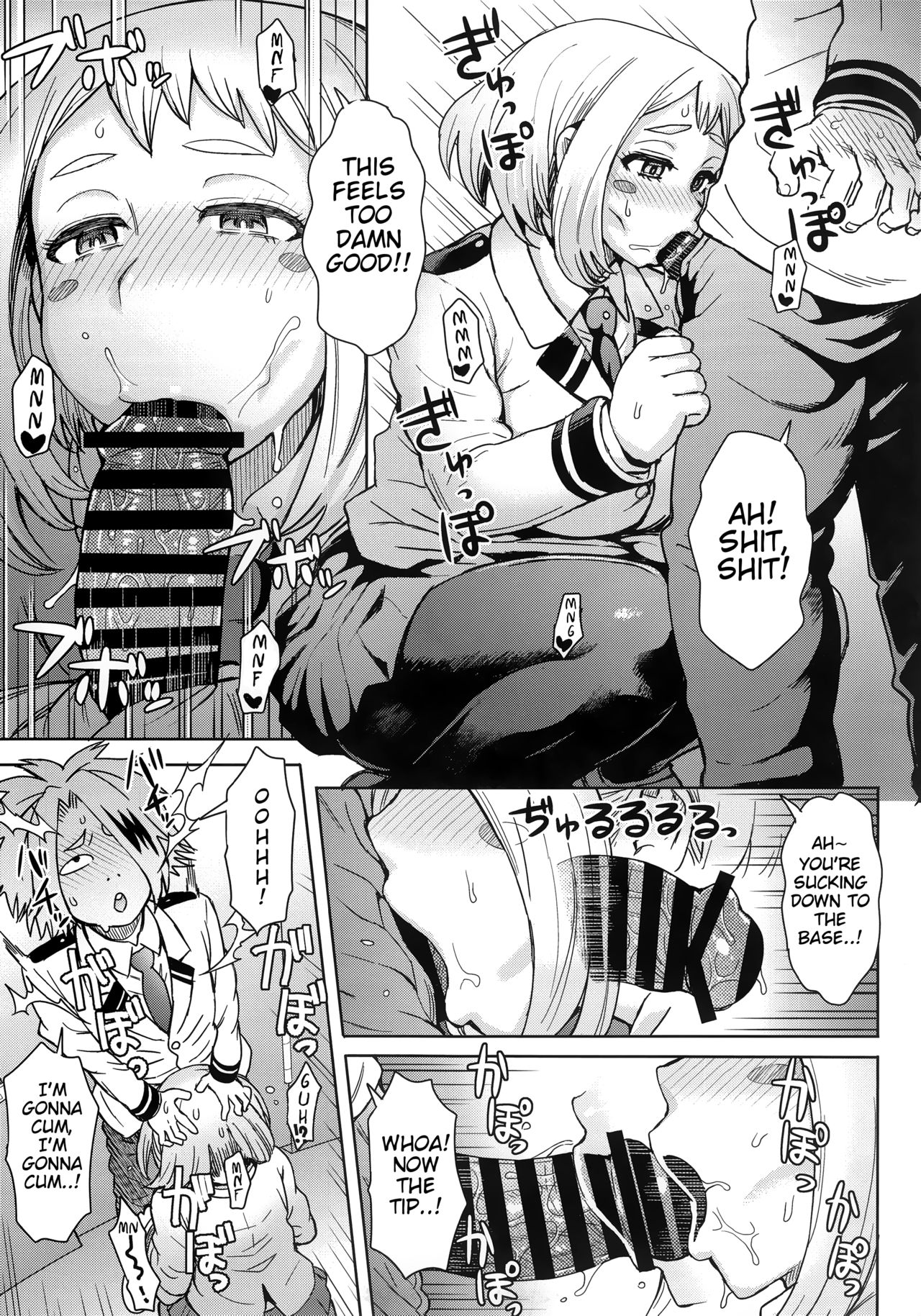 1boy, 1girls, all the way to the base, black and white, blowjob, cum announcement, deepthroat, denki kaminari, dialogue, doujinshi, fellatio, female, implied deepthroat, implied oral, itou eito, male, my hero academia, ochako uraraka, oral, oral sex, prostitution, toilet, x-ray