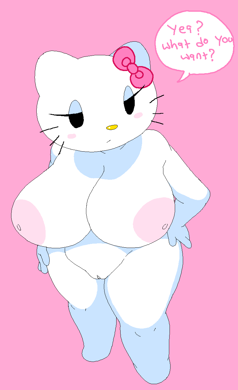 areola, areolae, big breasts, bow, breasts, dream-cassette, female, half-closed eyes, hand on hip, hand on thigh, hello kitty, hello kitty (character), hello kitty (series), hoshime, huge breasts, kitty white, large breasts, mob face, nipples, nude, nude female, pussy, sanrio, shortstack, text, text bubble, thighs