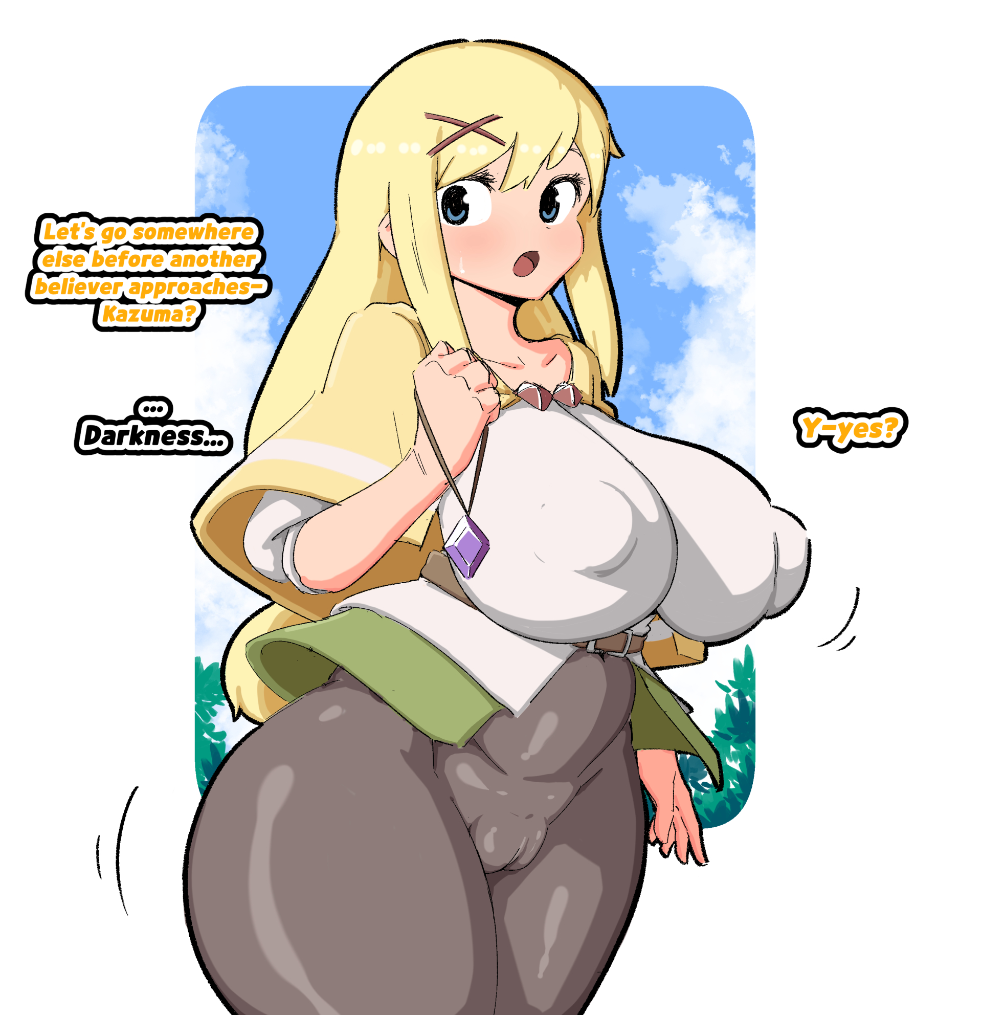 1girls, big breasts, blonde hair, blue eyes, breasts, cameltoe, darkness (konosuba), dialogue, eye contact, female, kono subarashii sekai ni shukufuku wo!, large breasts, leggings, long hair, looking at viewer, massive breasts, nipple bulge, puffy areola, puffy nipples, pussy, skin tight, standing, text, tight clothing, tight pants, voluptuous, wide hips, woohyoot