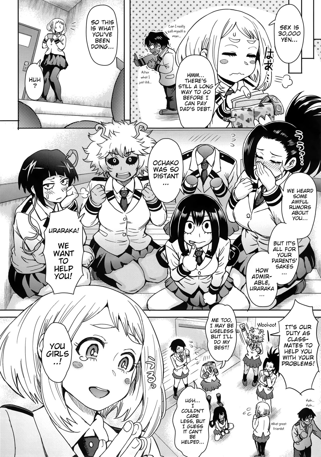 black and white, doujinshi, female, hagakure tooru (invisible), itou eito, kyoka jiro, mina ashido, momo yaoyorozu, my hero academia, ochako uraraka, prostitution, tenya iida, tooru hagakure, tooru hagakure (invisible), tsuyu asui