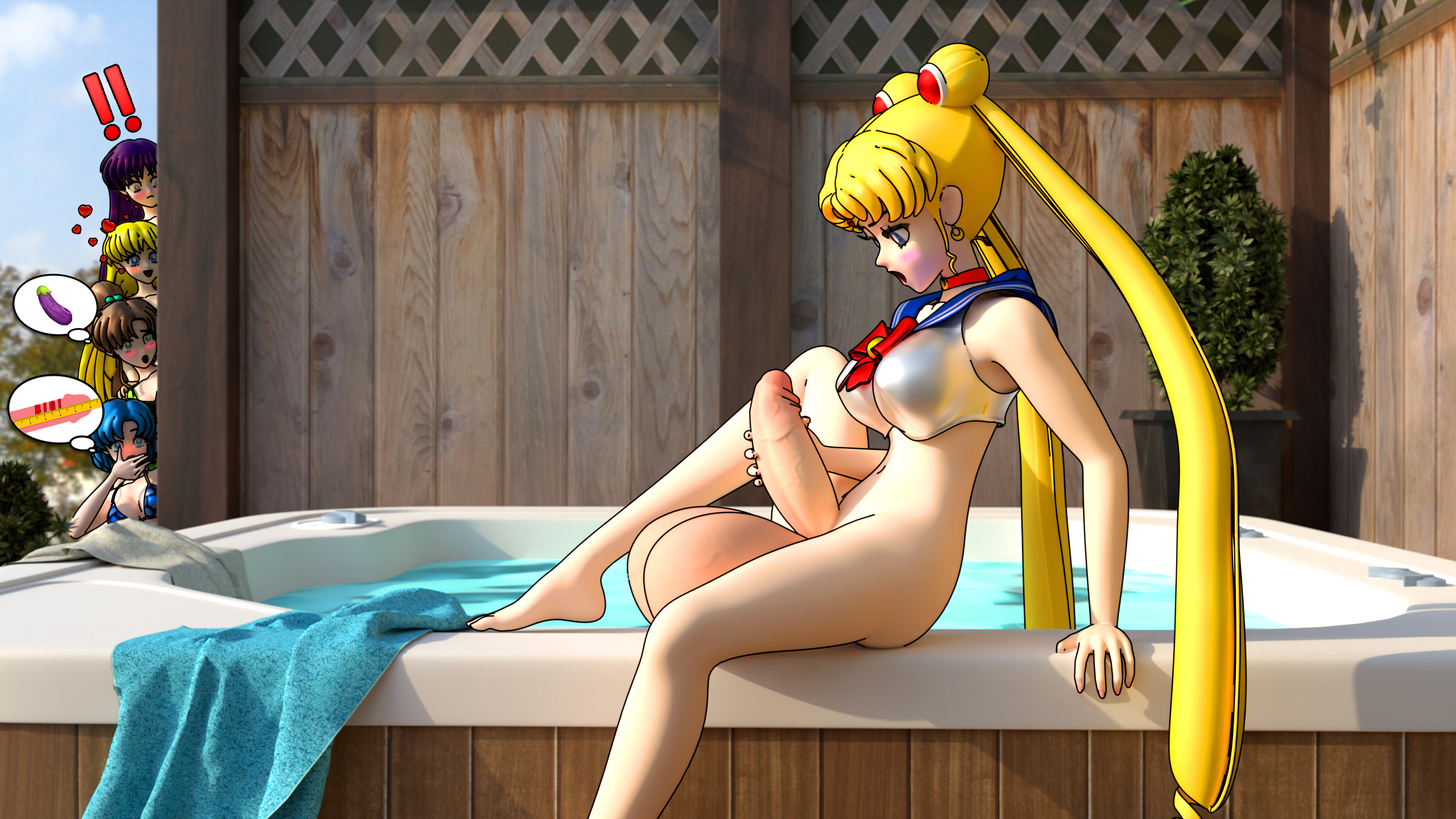 1futa, 3d, 4girls, ami mizuno, balls, bishoujo senshi sailor moon, blender, blonde hair, blue eyes, blue hair, blush, breasts, brown hair, bulge, bulge through clothing, clothed masturbation, clothing, female, futa focus, futanari, green eyes, hot tub, huge balls, huge breasts, huge cock, intersex, jerking, large breasts, light skin, light-skinned futa, makoto kino, masturbation, minako aino, multiple females, multiple girls, nipple bulge, outdoors, penis, public exposure, public humiliation, public masturbation, purple eyes, purple hair, rei hino, sailor moon, shocking (artist), tagme, thought bubble, usagi tsukino, voyeur, voyeurism