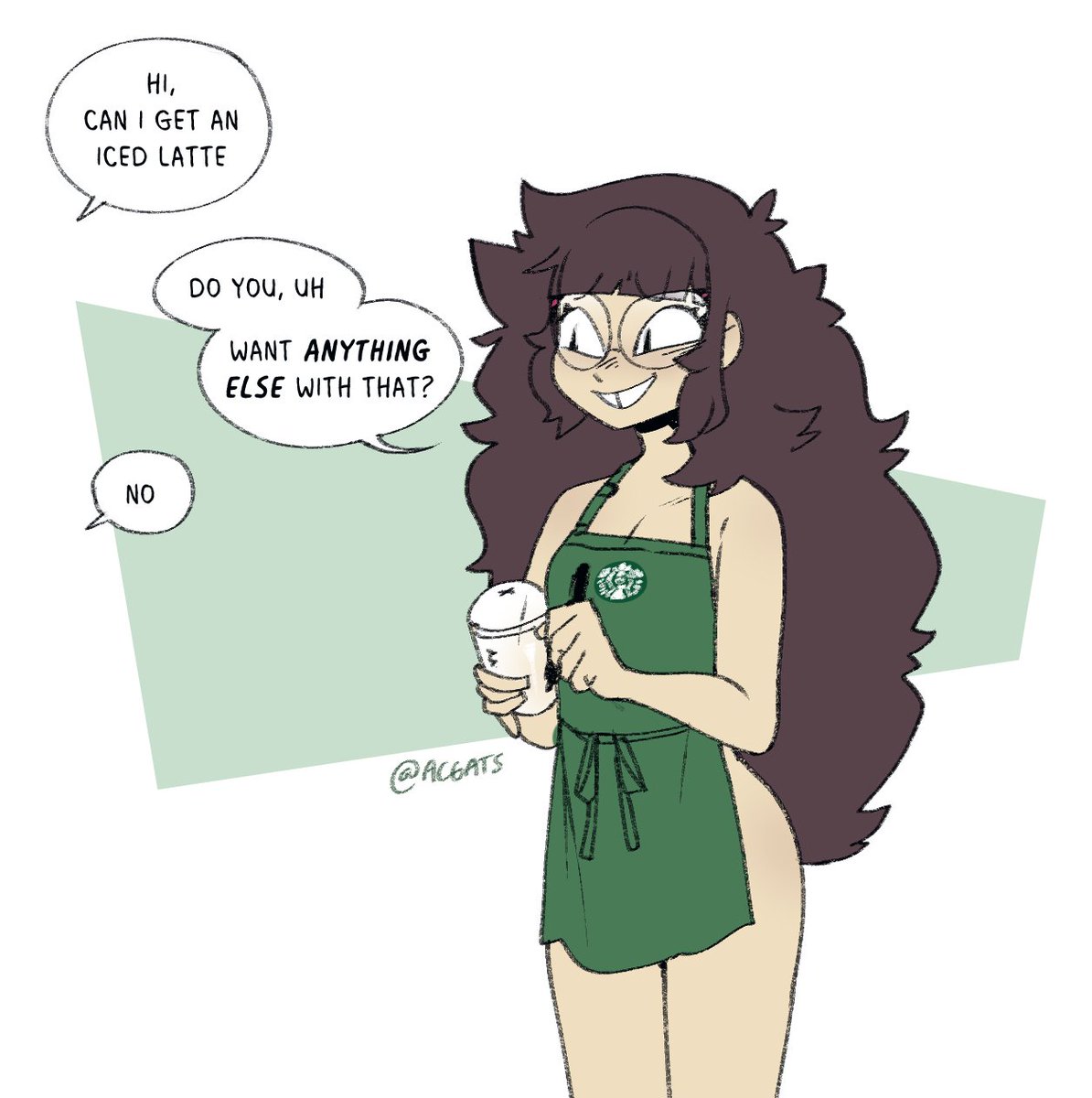 1girls, apron, apron only, ass, big ass, bottomless, breasts, brown hair, dialogue, english text, female, female focus, female only, funny, gats, glasses, iced latte with breast milk, light skin, light-skinned female, long hair, meme, naked apron, offscreen character, original, original character, small breasts, starbucks, text, thighs, tooth gap, tottie (gats)