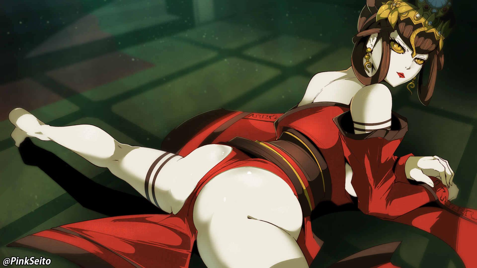 ass, atlus, big ass, brown hair, female, kimono, light skin, light-skinned female, nuwa (megami tensei), pinkseito, red lipstick, red panties, seductive, seductive look, shin megami tensei, shin megami tensei v, splits, spread legs, thick thighs, yellow eyes