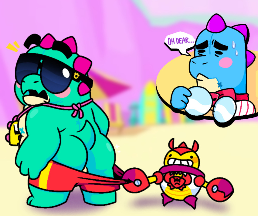 anthro ass beach bodily_fluids brawl_stars buzz_(brawl_stars) dinosaur living_machine machine male outside overweight overweight_anthro overweight_male reptile robot scalie seaside slightly_chubby supercell sweat tick_(brawl_stars)