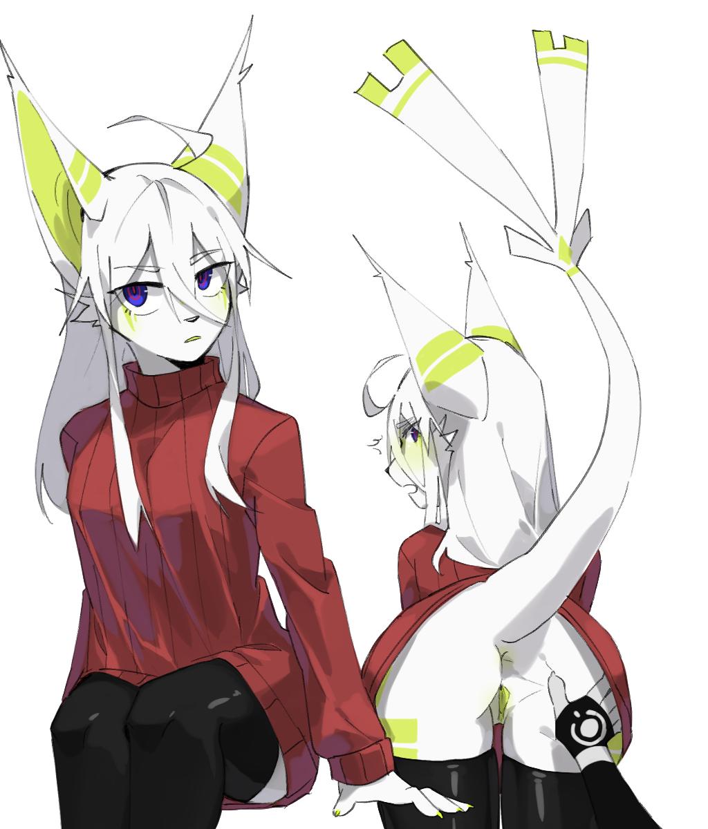 2019 anthro anus ass blush clothed clothing felid feline female fur genitals green_markings green_pussy hair hand_on_butt hi_res leggings legwear mammal markings no_underwear purple_eyes pussy royluna solo spread_butt spreading white_body white_fur white_hair