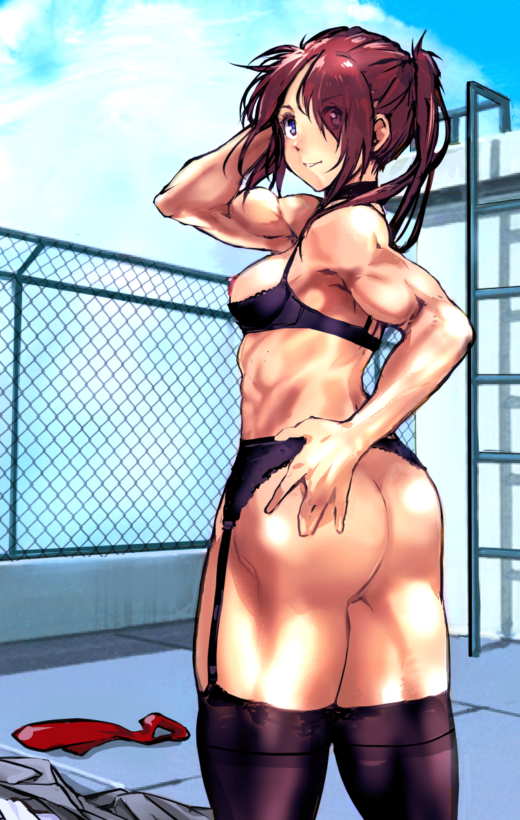 arm_up ass back bangs black_bra black_legwear bra breasts breasts_out brown_hair clothes_removed day female garter_straps high_ponytail kamisimo_90 looking_at_viewer muscular muscular_female necktie nipples no_panties open_clothes original outdoors ponytail ponytail_girl_(kamisimo_90) purple_eyes rooftop skirt smile tan thighhighs underwear