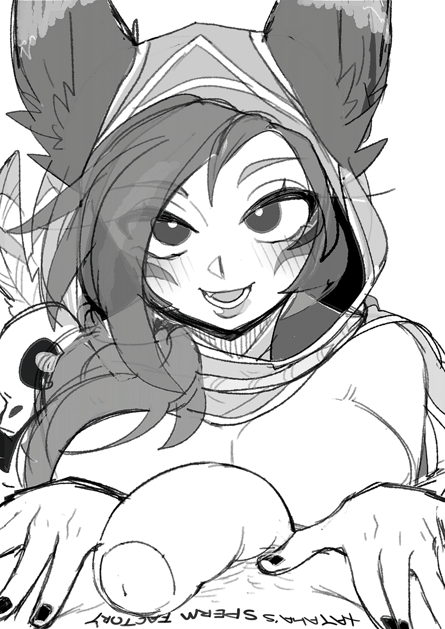 blush, colored, cum in mouth, dark skin, dark-skinned male, eye contact, fellatio, female, heavy breathing, league of legends, male, monochrome, oral, pov, riot games, strongbana, xayah