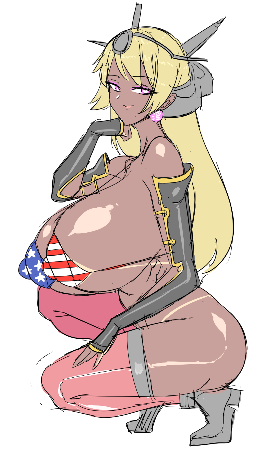 american_flag_bikini bimbo blonde_hair dark-skinned_female gauntlets gyaru hairi huge_breasts kantai_collection kneeling looking_at_viewer nagato_(kantai_collection) squatting tanlines