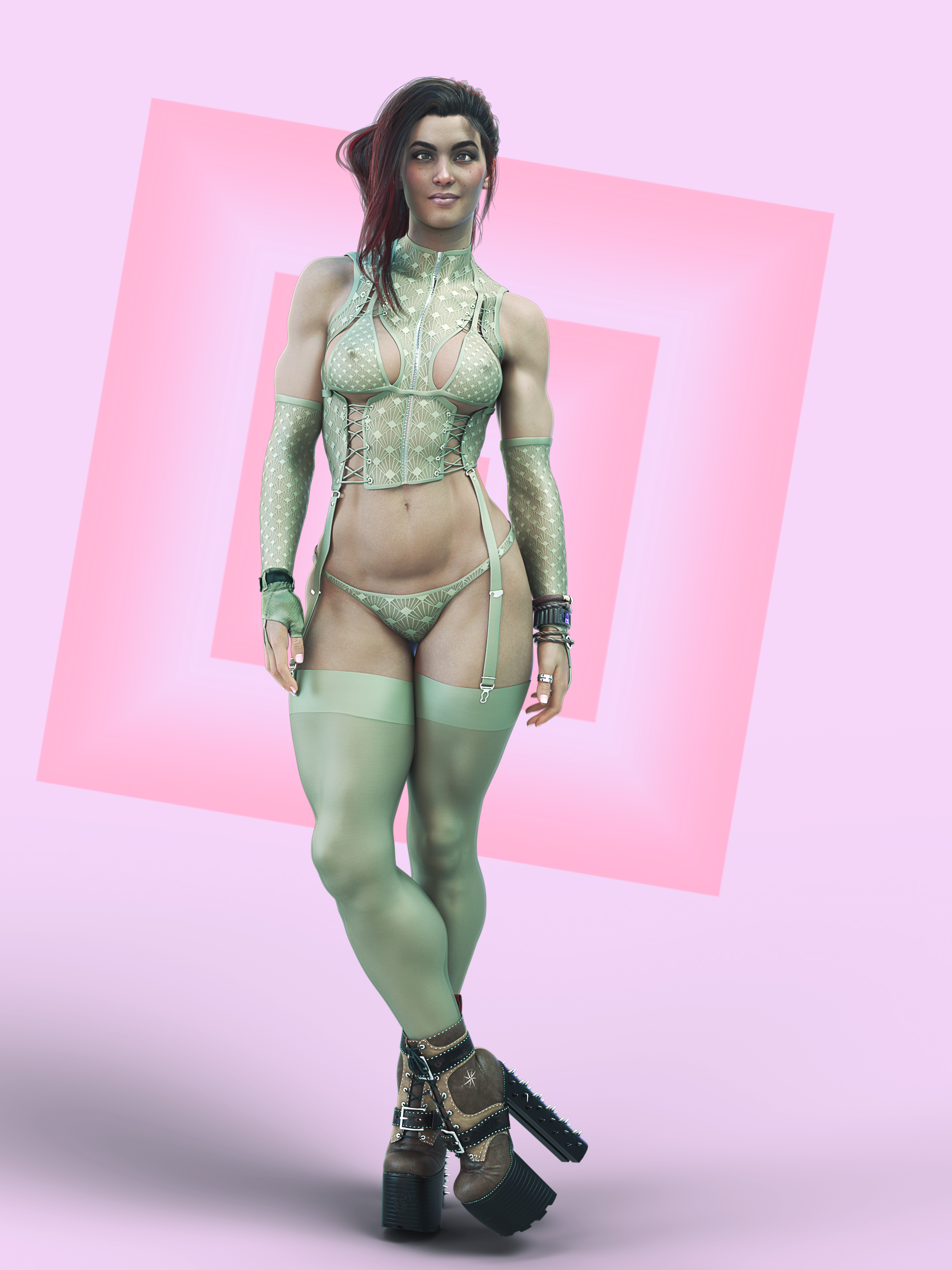 1girls, 3d, cd projekt red, claire russell, cyberpunk 2077, erect nipples, erect nipples under clothes, female, female only, jinxie lizzy, lingerie, muscular, muscular female, nipples, panties, platform boots, pose, posing, solo, solo female