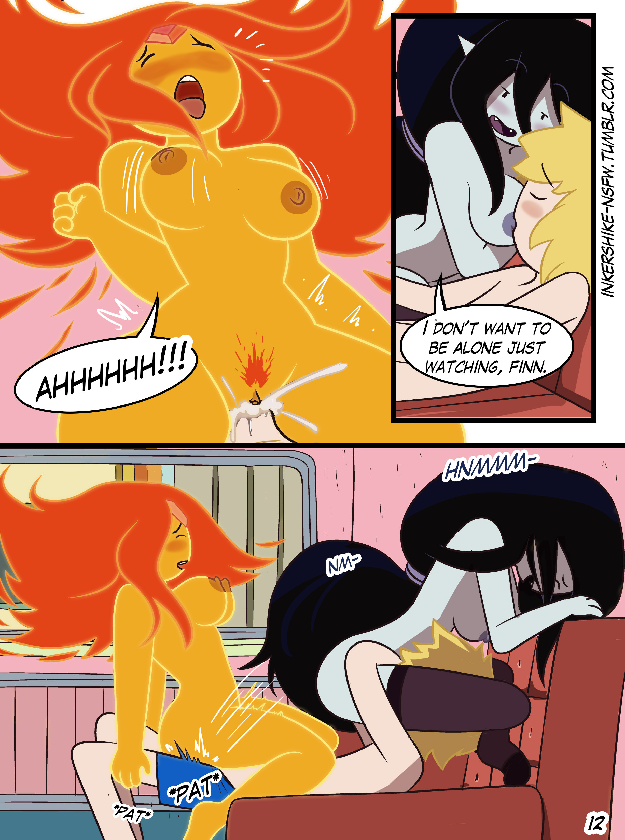 1boy, 2girls, adventure time, age difference, areolae, big breasts, black hair, blush, bouncing breasts, breasts, cartoon network, comic, cowgirl position, cum, cum in pussy, cum inside, cunnilingus, drpizzaboi1, english text, female, female pubic hair, female/female, finn the human, flame princess, grey skin, hourglass figure, inkershike, long hair, male, marceline, mature female, mob face, nipples, nude, nude female, older female, orange hair, orange skin, page 12, pale skin, penetration, penis, pussy, reverse spitroast, sex, shorts, sitting on face, stockings, straight hair, sucking nipples, text, threesome, vagina, vaginal penetration, vaginal sex, vampire, voluptuous, younger female, younger male