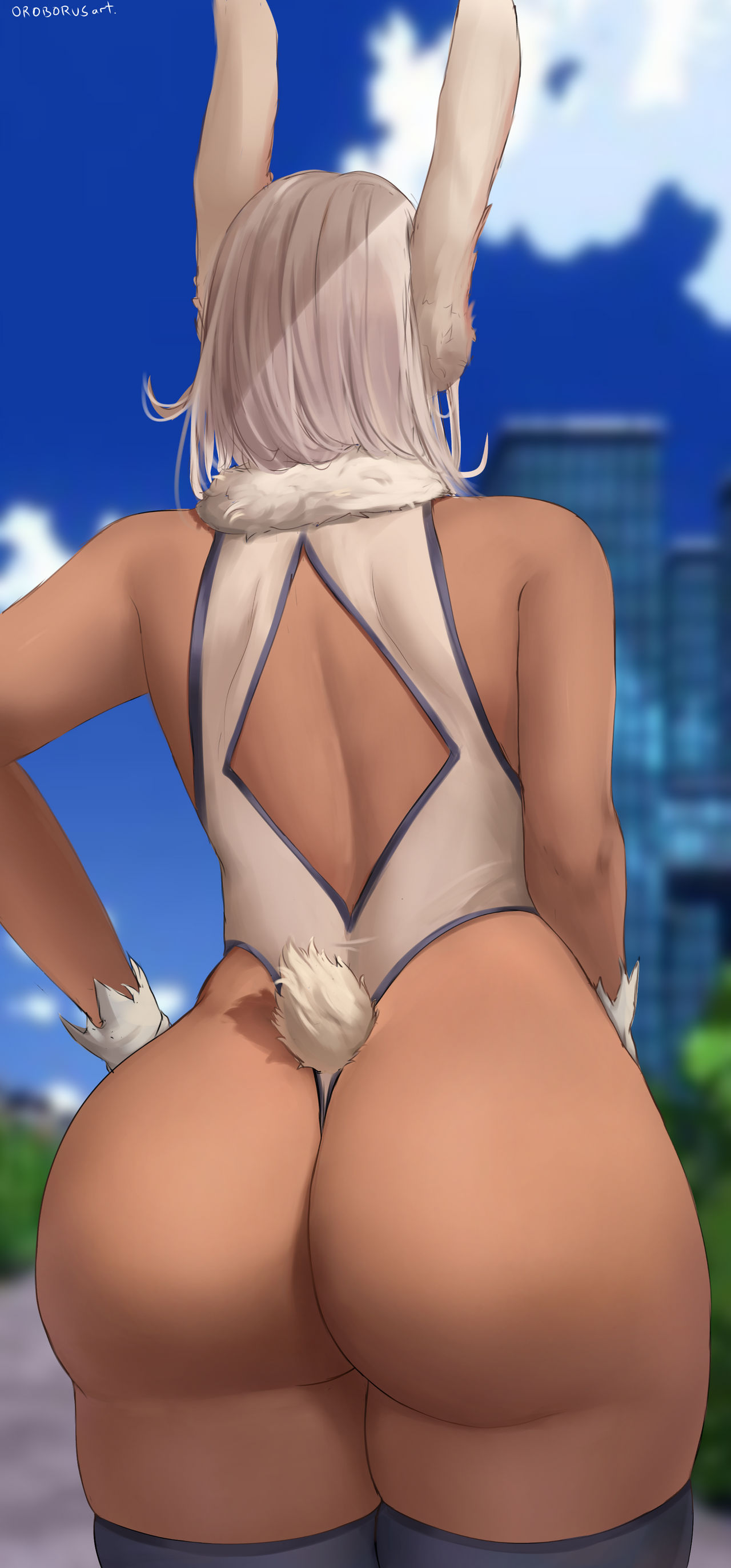 1girls, ass, big ass, big butt, bunny ears, bunny tail, female, gloves, high resolution, huge ass, large ass, leotard, long ears, long hair, miruko, my hero academia, oroborusart, rumi usagiyama, savagexthicc, solo, standing, tail, thick ass, thick thighs, thighhighs, thighs, white hair