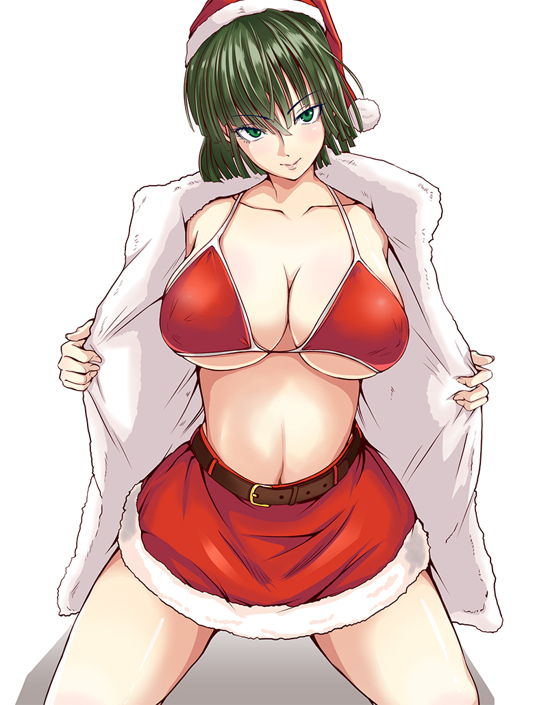 1girls belly belt big_breasts breasts christmas erect_nipples erect_nipples_under_clothes exhibitionism fubuki_(one-punch_man) green_eyes green_hair kawa kneeling large_breasts midriff one-punch_man red_bikini red_skirt santa_hat smiling solo solo_female tagme white_background