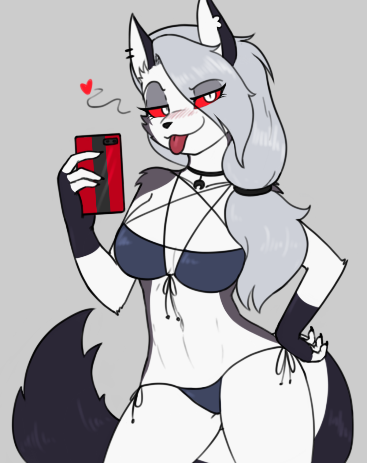 2021, anthro, bikini, blush, breasts, canid, canid demon, canine, canis, cellphone, clothed, clothing, demon, ear piercing, ear ring, female, fur, furry, furry only, grey hair, hair, heart, hellhound, helluva boss, hi res, looking at viewer, loona (helluva boss), mammal, mythological canine, mythological creature, mythology, phone, piercing, red sclera, selfie, simple background, solo, swimwear, tail, tongue, tongue out, wbnsfwfactory, white body, white fur, wolf