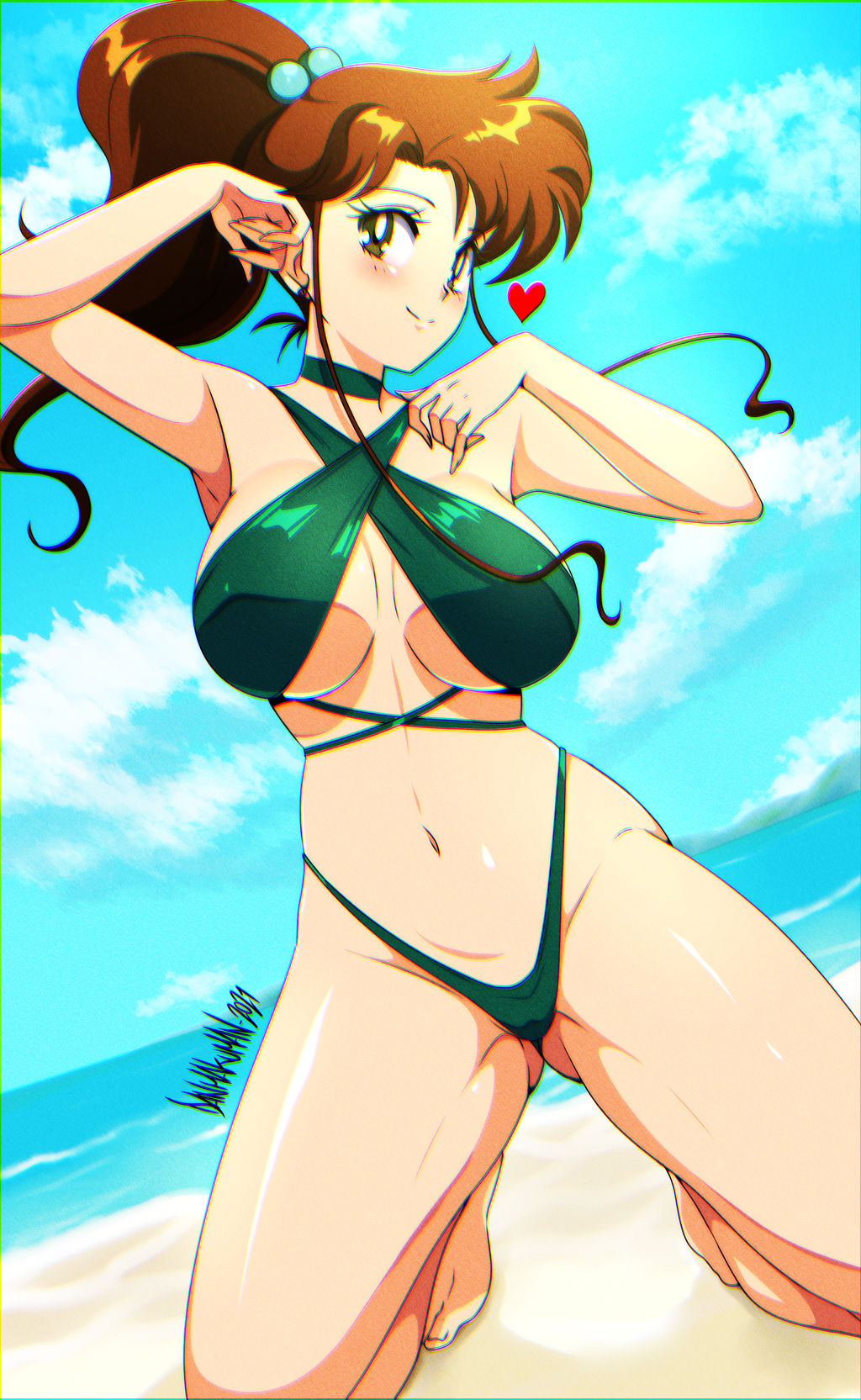 1girls armpits beach bikini bishoujo_senshi_sailor_moon bocas_top brown_hair danmakuman female female_only green_eyes kneeling large_breasts long_hair makoto_kino ponytail seaside solo swimsuit voluptuous