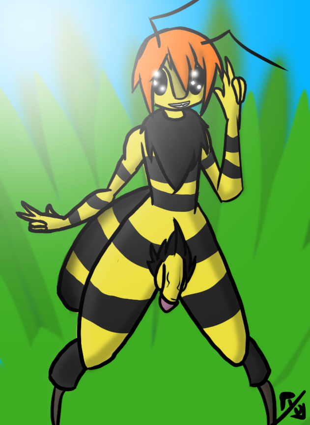 anthro arthropod balls bee big_balls big_penis fur genitals girly hair hymenopteran insects kemono looking_at_viewer male nude penis simple_background smile solo solo_focus yunaka