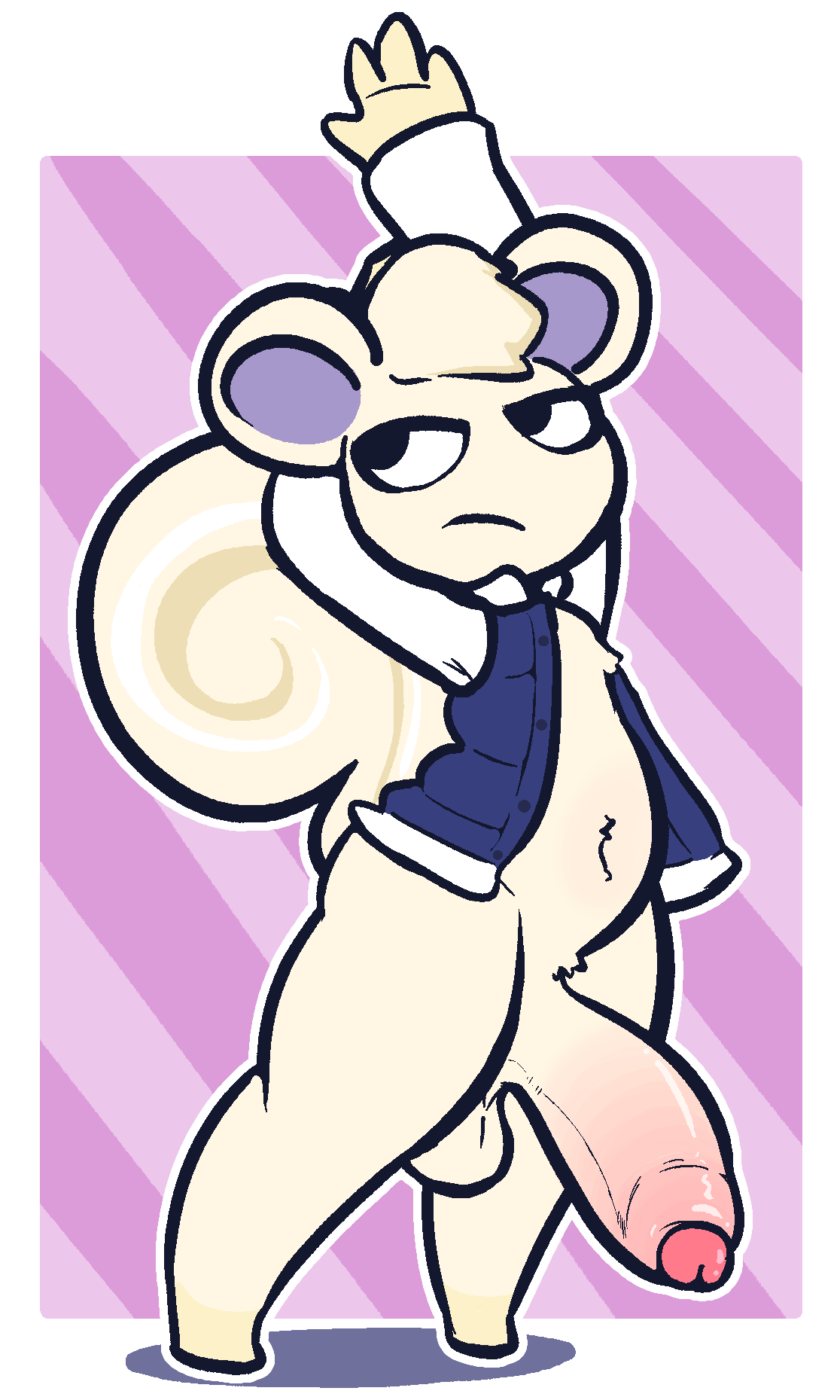 animal_crossing anthro balls big_penis bottomless clothed clothing fluffy fluffy_tail foreskin genitals hi_res jacket looking_aside male mammal marshal_(animal_crossing) nintendo penis rabblet rodent sciurid solo stretching thick_thighs topwear tree_squirrel uncircumcised video_games