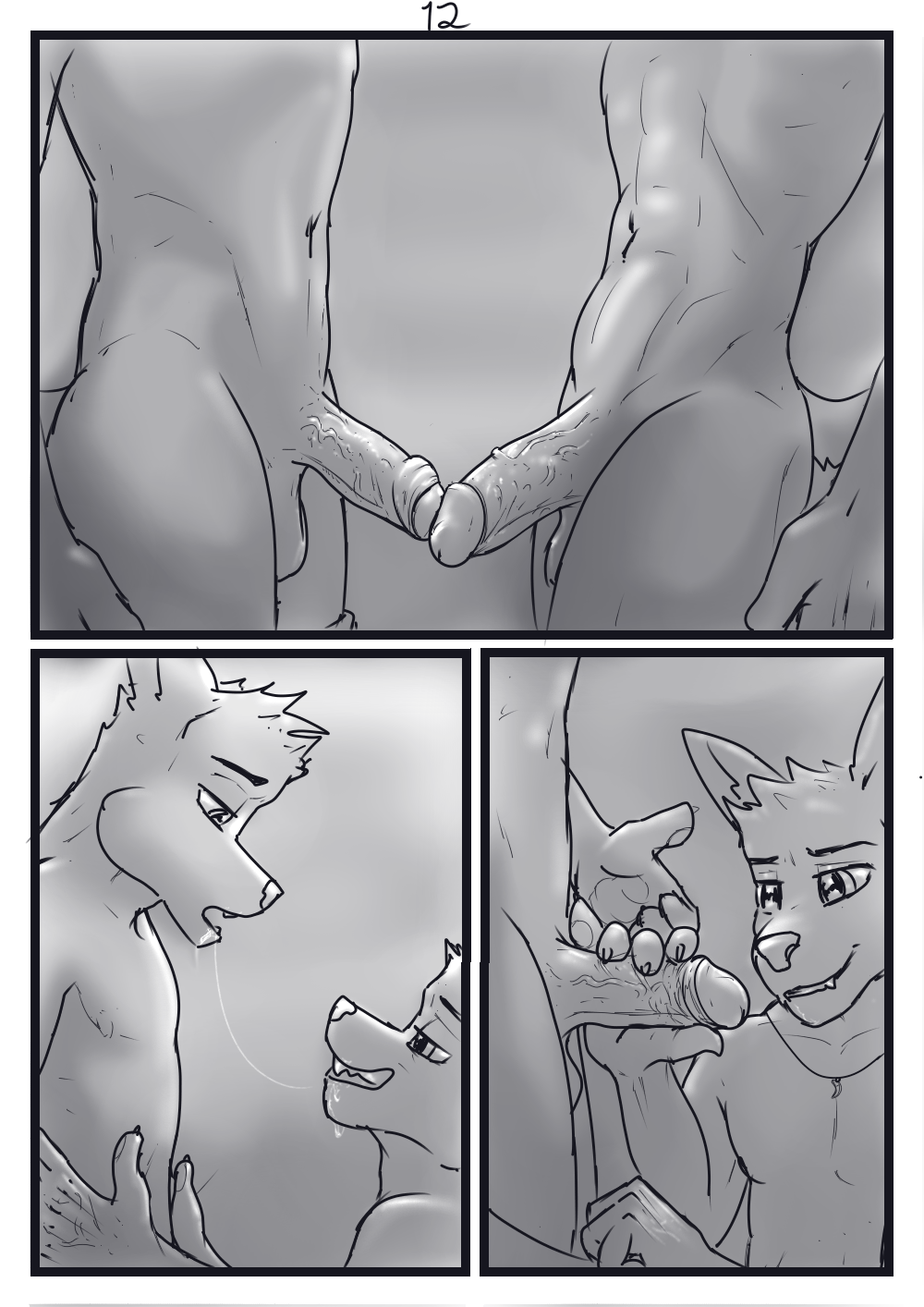 aariel anthro athletic athletic_male axel canid canine comic duo frottage genitals hi_res male male/male mammal penis rubbing saliva_on_face sex size_difference touching_penis wolfyalex96_(artist)