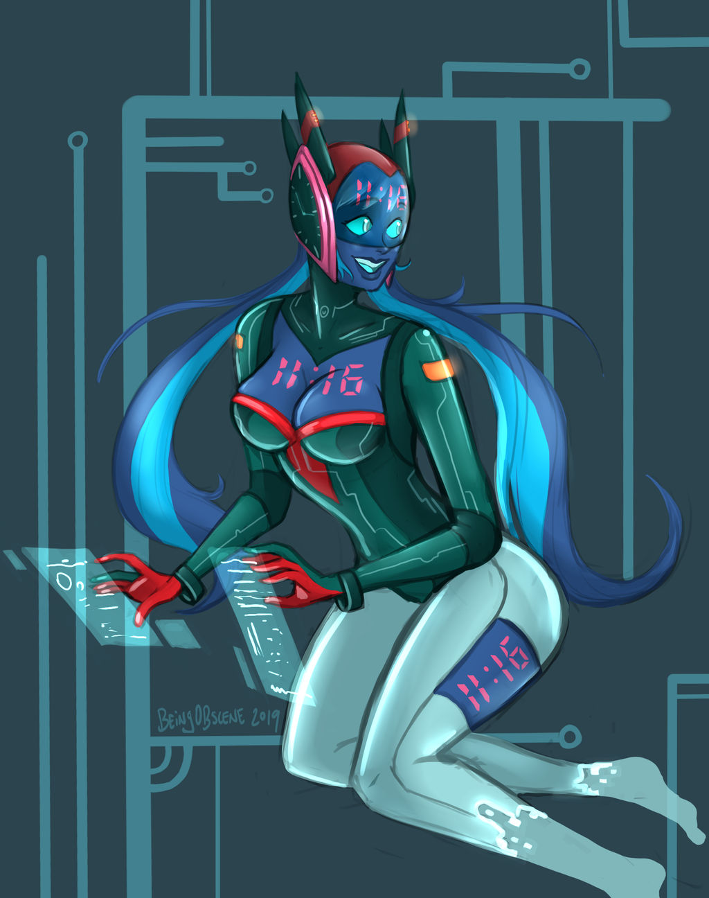 akita_the_digital_clockwork_girl_(ibenz009) beingobscene blue_skin bodysuit bright_eyes cleavage clock cyberpunk digital female helmet large_breasts like_clockwork long_hair looking_at_viewer numbers smile thick_thighs visor