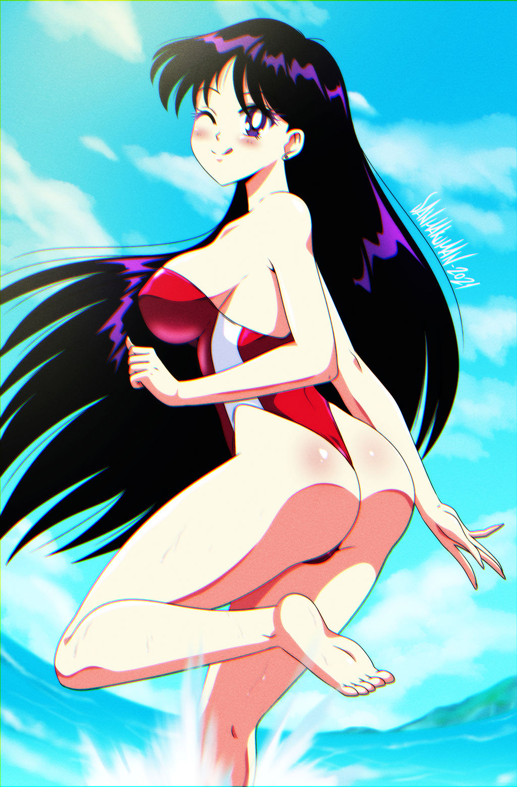 1girls, ass, beach, bishoujo senshi sailor moon, black hair, blush, breasts, bubble ass, bubble butt, danmakuman, female, female only, large breasts, licking lips, long hair, looking at viewer, one-piece swimsuit, purple eyes, rei hino, seaside, solo, swimsuit, voluptuous, water, wink