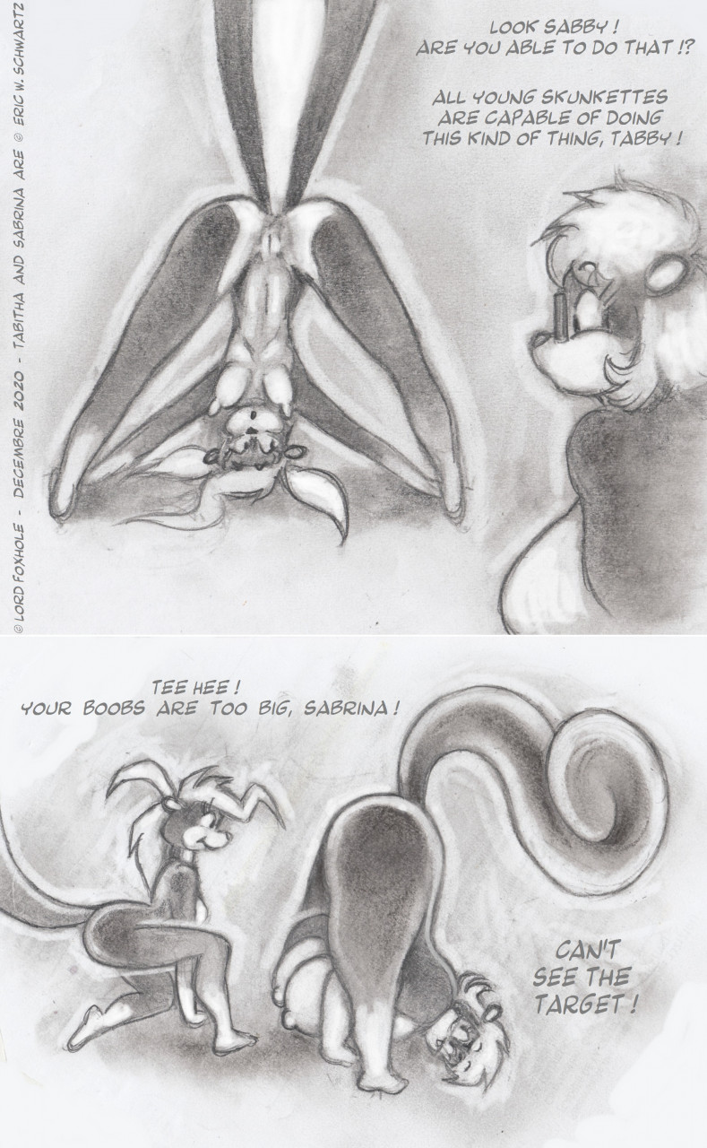 2020 anthro ass ass_up big_breasts breasts dialogue duo english_text eyewear female genitals glasses hi_res lord_foxhole mammal mephitid nipples nude presenting presenting_hindquarters pussy raised_tail sabrina_(sabrina_online) sabrina_online skunk tabitha_(sabrina_online) text webcomic