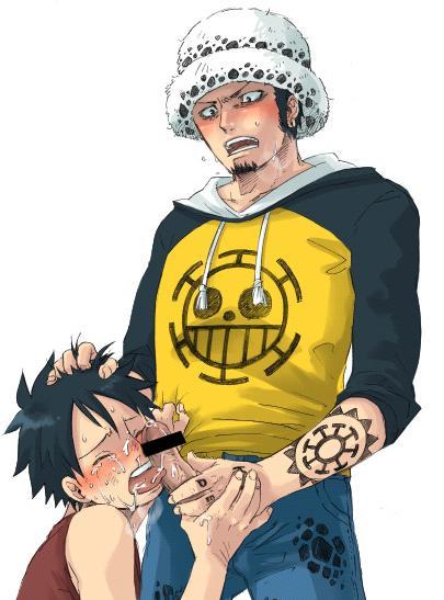 2boys, black hair, blowjob, blush, cum, cum on face, gay, grabbing hair, licking penis, male, male only, male/male, monkey d luffy, one piece, oral, penis, pre-timeskip, scar, sweat, tattoo, tears, trafalgar law, yaoi