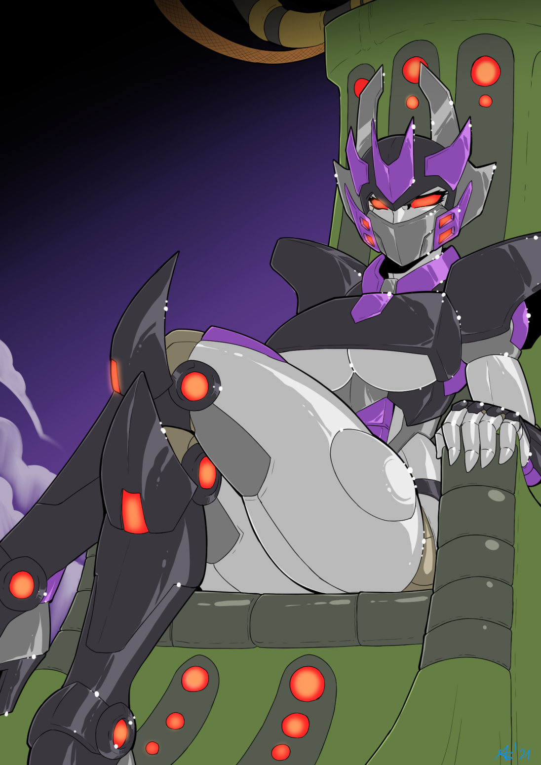 1girls, alien, alien girl, big breasts, big thighs, breasts, crossed legs, fan character, female, female focus, female only, grey body, gynoid, mad-project, mask, masked, red eyes, robot, robot girl, robot humanoid, sitting on chair, solo, solo female, thick legs, thick thighs, transformers, underboob