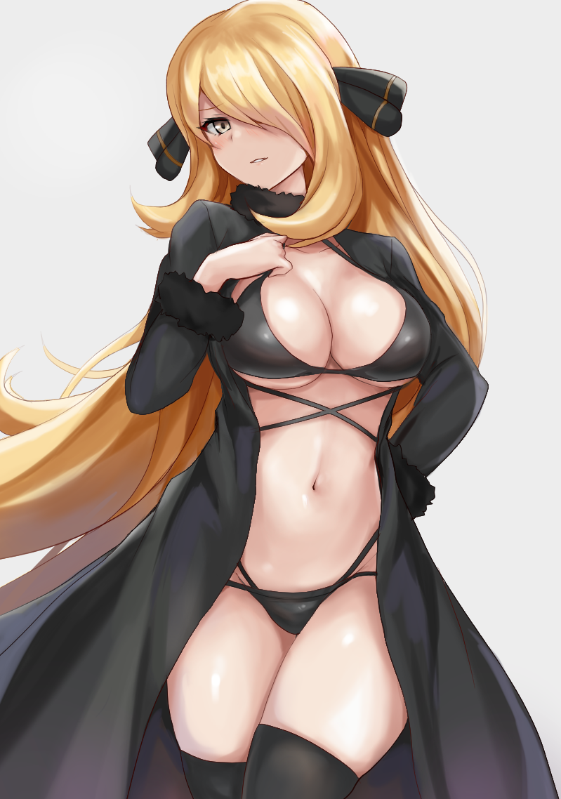 1girls absurd_res alternate_breast_size belly_button big_breasts bikini bikini_bottom bikini_top black_bikini black_bikini_bottom black_bikini_top black_coat blonde blonde_hair blush breasts cleavage cynthia_(pokemon) female hair_ornament hair_over_one_eye hi_res highres huge_breasts large_breasts legs_crossed long_coat long_hair looking_at_viewer midriff plain_background pokemon r-binon shiny_skin simple_background smile solo thick_thighs thighhighs thighs underboob white_background