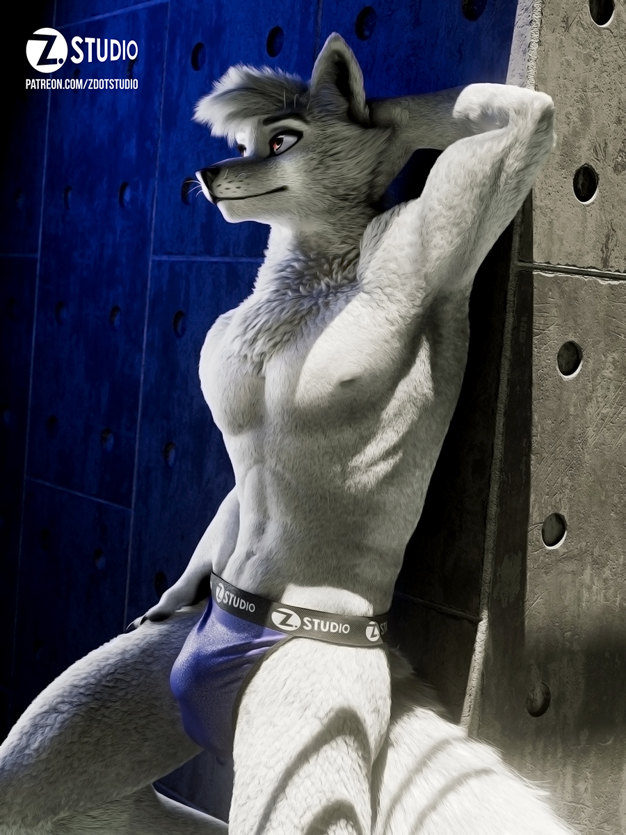 2021 3:4 3d_(artwork) anthro black_nose blue_clothing bulge canid canine canis cheek_tuft cinema4d clothing detailed_bulge digital_media_(artwork) facial_tuft fingerpads fur head_tuft hi_res leaning_on_wall looking_aside male male_focus male_only mammal pawpads portrait red_eyes solo solo_male text tuft underwear url white_body white_fur wolf zorryn