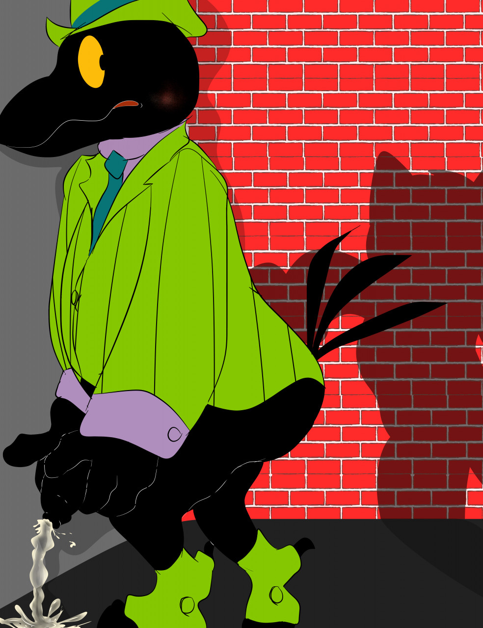 anthro anthro_male avian bird black_body black_penis blush bodily_fluids bottomless caught clothed clothing corvid duke_(fritz_the_cat) duo flaccid foreskin fritz_the_cat fritz_the_cat_(character) genital_fluids genitals hi_res holding_penis humanoid_genitalia humanoid_penis illegaleel male male/male offscreen_character oscine partially_clothed passerine peeing penis public_urination urine urine_on_ground urine_stream watersports what