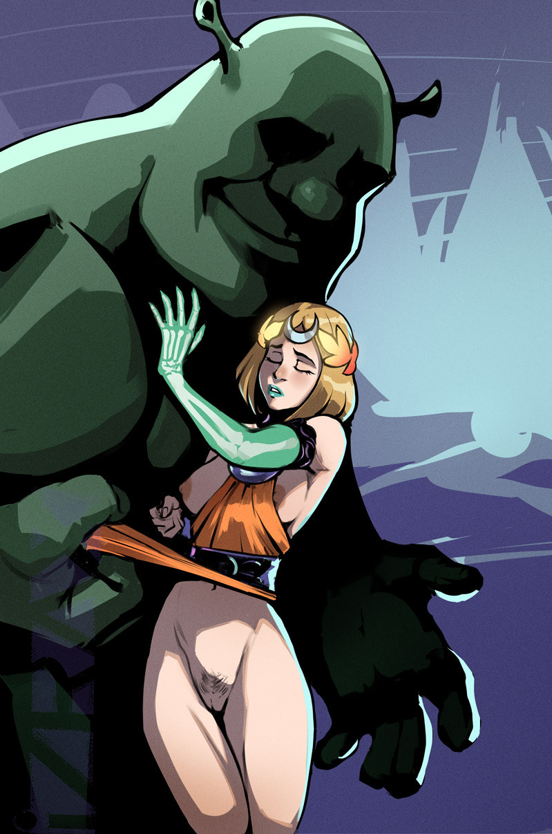 blonde hair, bluesky link, breasts, breasts out, crossover, dreamworks, dreamworks animation, dreamworks pictures, exposed breasts, exposed pussy, green skin, hades (game), hades 2, interracial, izra, melinoe (hades), pacific data images, pale-skinned female, shrek, shrek (film), shrek (series), size difference, smaller female