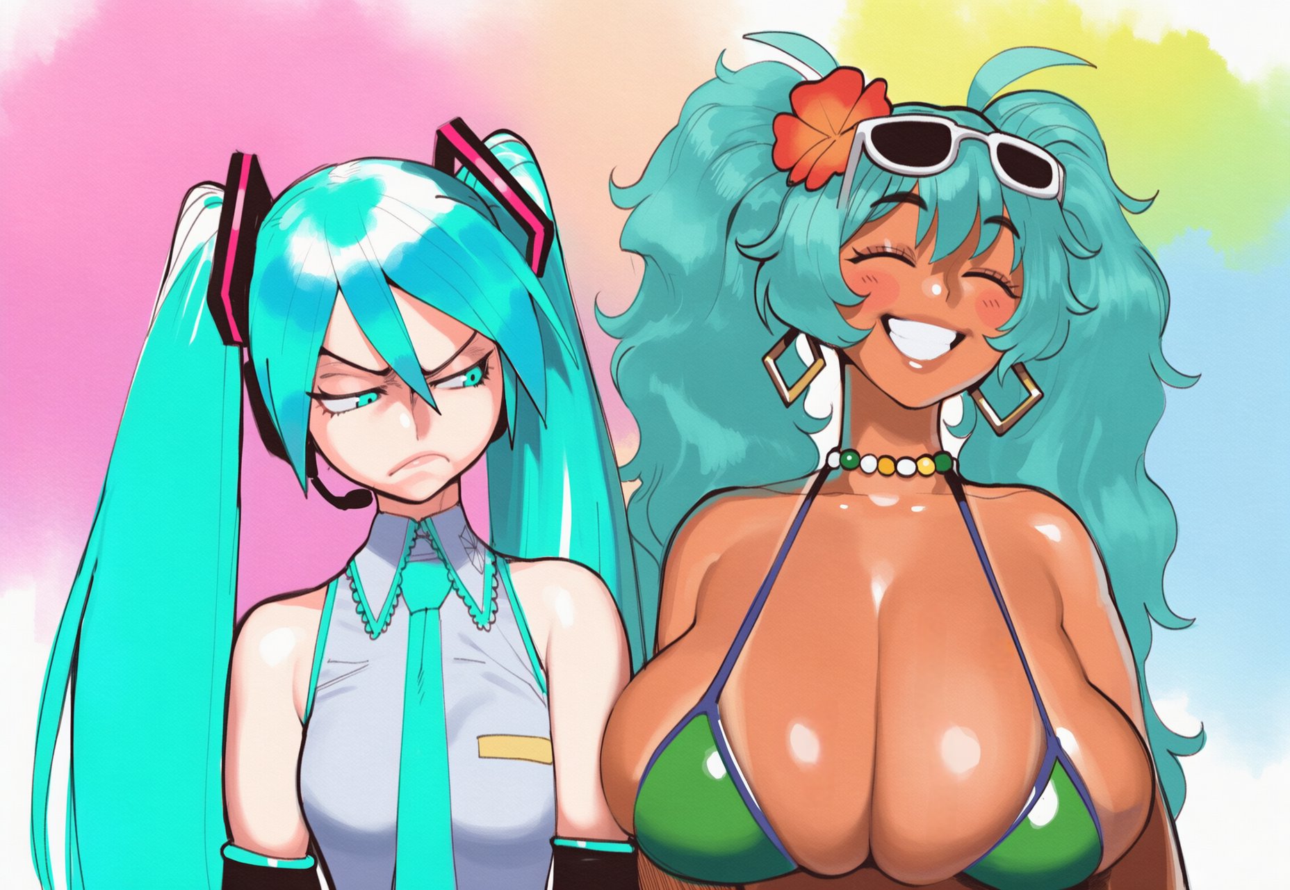 2girls, ai generated, alternate breast size, annoyed, aqua eyes, aqua hair, bare shoulders, bikini, blush, brazilian miku, breast envy, breasts, cleavage, closed eyes, dark skin, dark-skinned female, detached sleeves, earrings, eyewear on head, flower, frown, grey shirt, grin, hair flower, hair ornament, hatsune miku, headset, height difference, hibiscus, huge breasts, jewelry, kinkimato, large breasts, long hair, looking at another, multiple girls, necklace, necktie, shiny, shiny skin, shirt, skindentation, sleeveless, smile, sunglasses, swimsuit, tan, tanline, twintails, upper body, very long hair