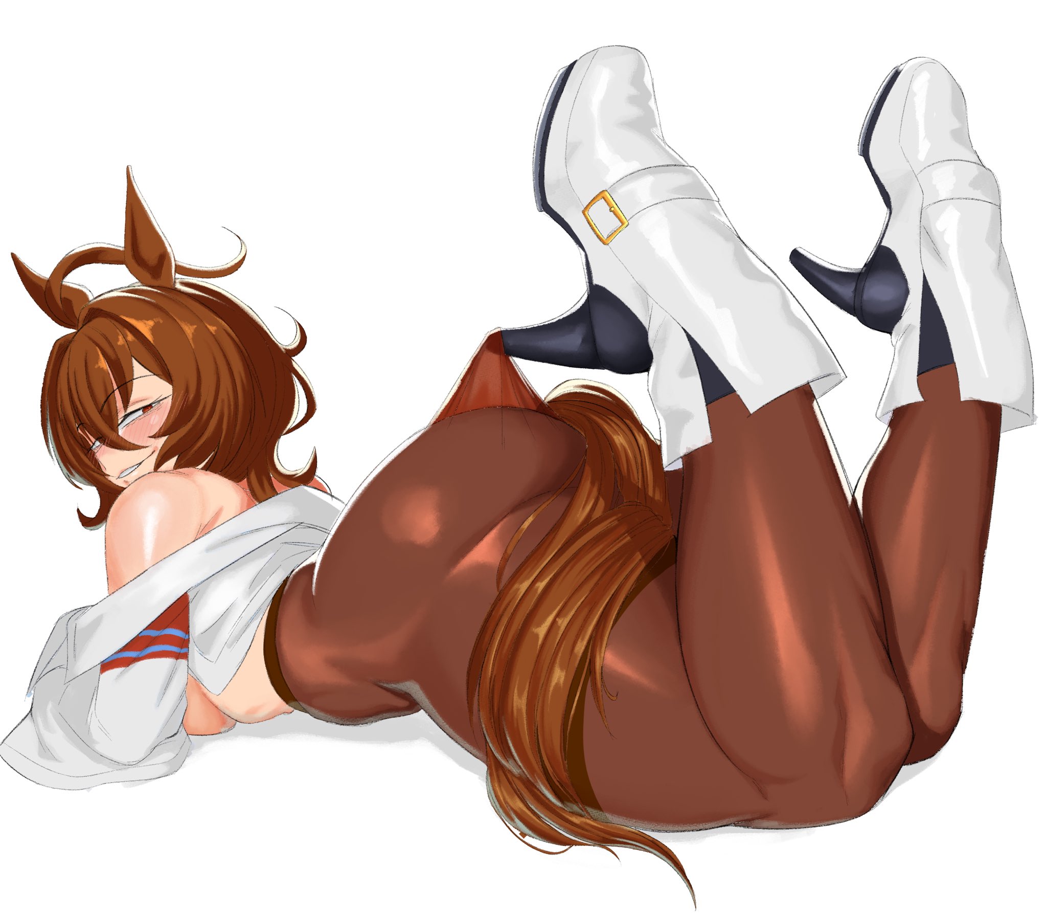 1girls, agnes tachyon (umamusume), animal ears, ass, bare shoulders, big ass, blush, breasts, brown hair, cygames, edge zero, female, female only, grin, high heels, horse girl, lace pantyhose hooked on heel , long hair, looking at viewer, looking back, lying, off shoulder, on stomach, pantyhose, smile, solo, solo female, tagme, tail, teeth, umamusume, umamusume pretty derby
