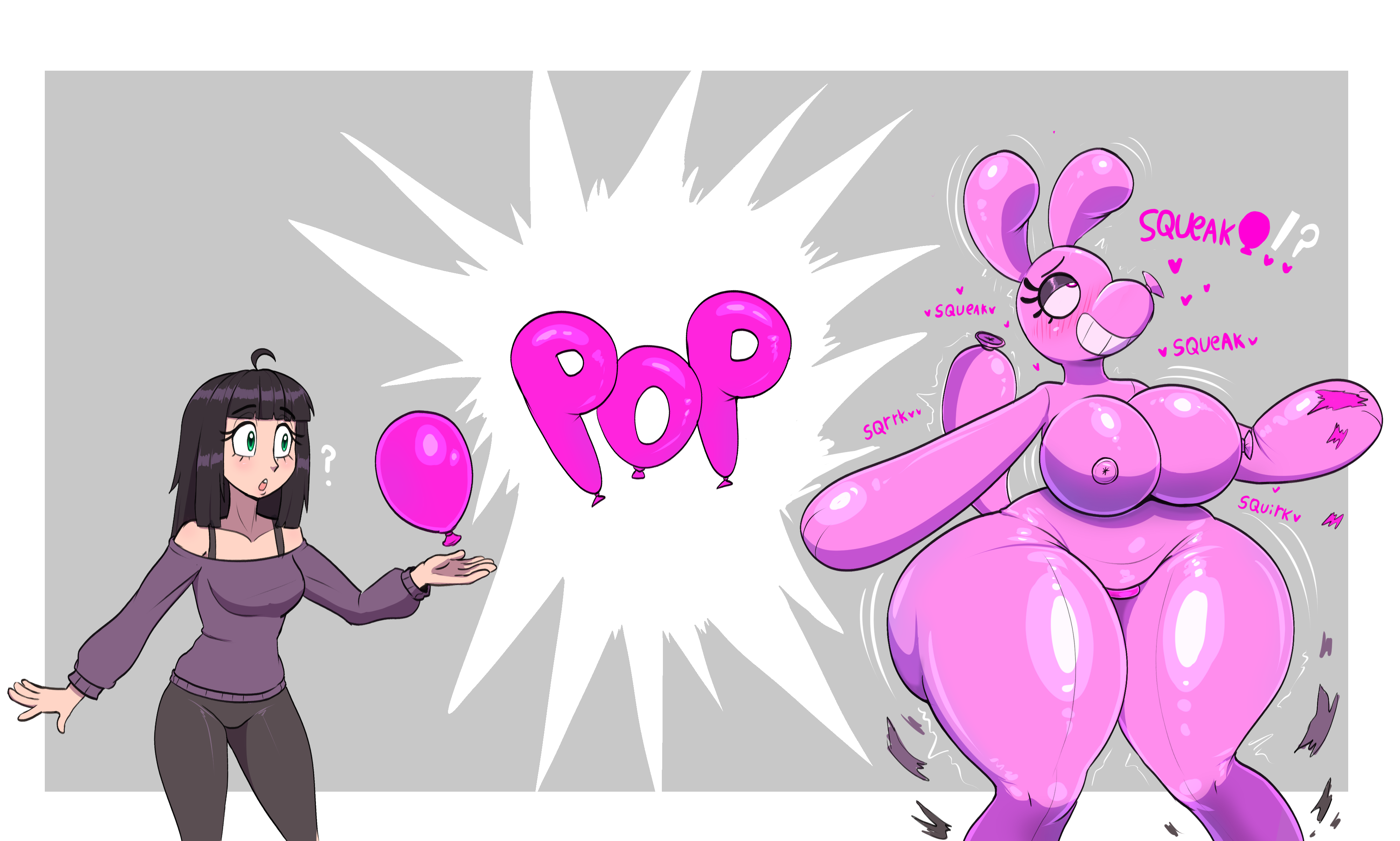 2026, absurd res, animate inanimate, anthro, balloon, balloon animal, balloon dog, before and after, big breasts, black hair, blush, bottomwear, breast expansion, breasts, canid, clothing, digital media (artwork), expansion, female, flybeeth, grey background, growth, hair, hi res, human, human to anthro, human to inanimate, inflatable, interrobang, living inflatable, looking up, mammal, nipples, nude, open mouth, pants, permanent smile, pink body, pop (sound effect), seam (sewing), shirt, simple background, smile, solo, species transformation, squeaking, standing, surprised, surprsied, tail, tail growth, thick thighs, thigh expansion, topwear, transformation, wide hips