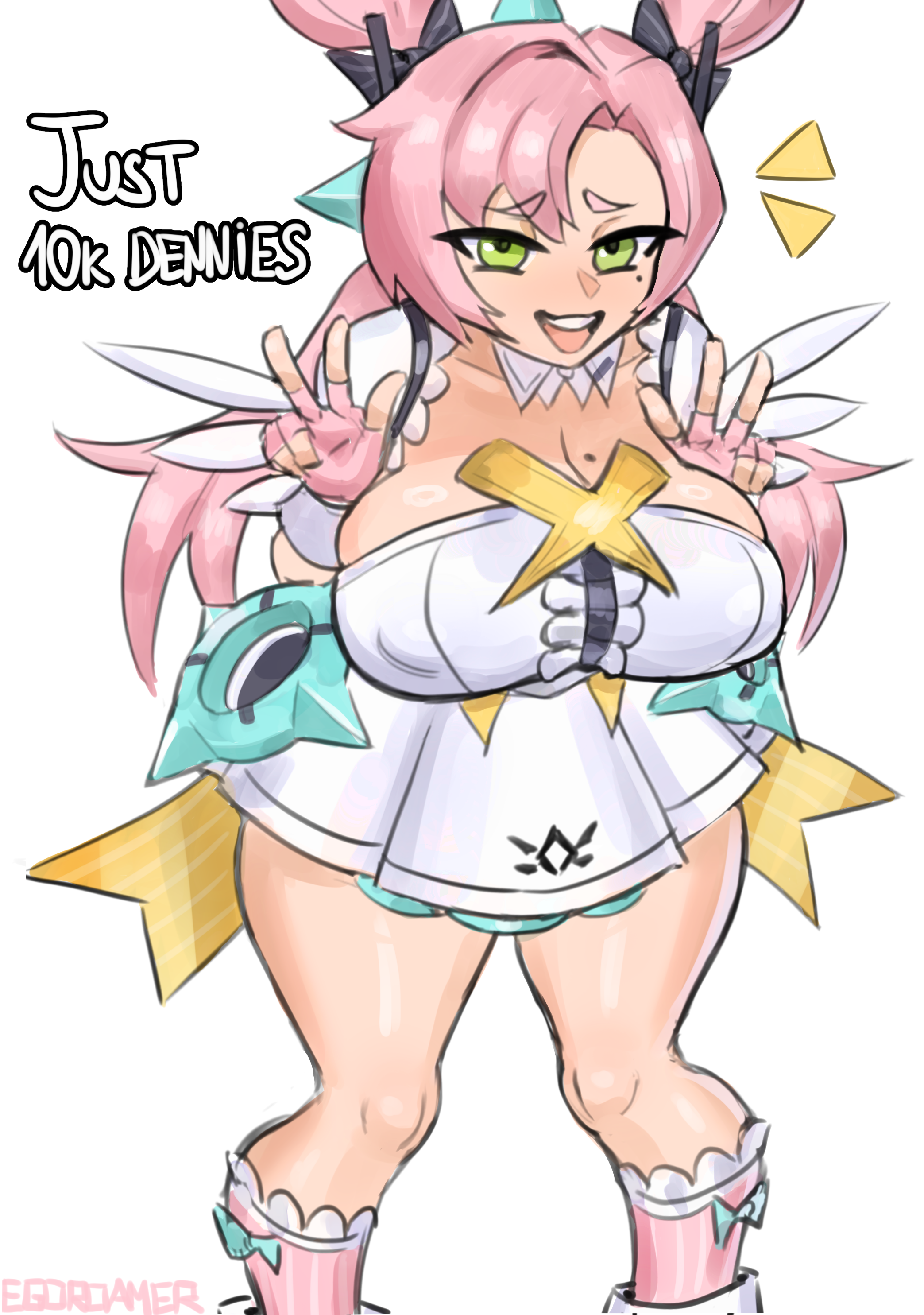 1girls, absurd res, angels of delusion, aria (zenless zone zero), aria (zenless zone zero) (cosplay), big breasts, cleavage, clothed, clothing, cosplay, double v, egoroamer, egoroamer (artist), green eyes, highres, huge breasts, large breasts, nicole demara, open mouth, pink hair, prostitution, simple background, thick thighs, v, v sign, white background, zenless zone zero