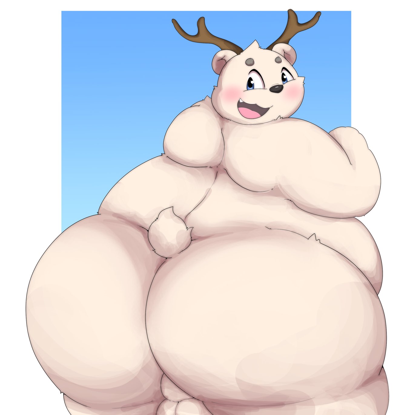 2021 anthro antlers ass backsack balls belly big_butt blush genitals hi_res horn kemono kusosensei male mammal obese obese_male overweight overweight_male polar_bear simple_background solo ursid ursine