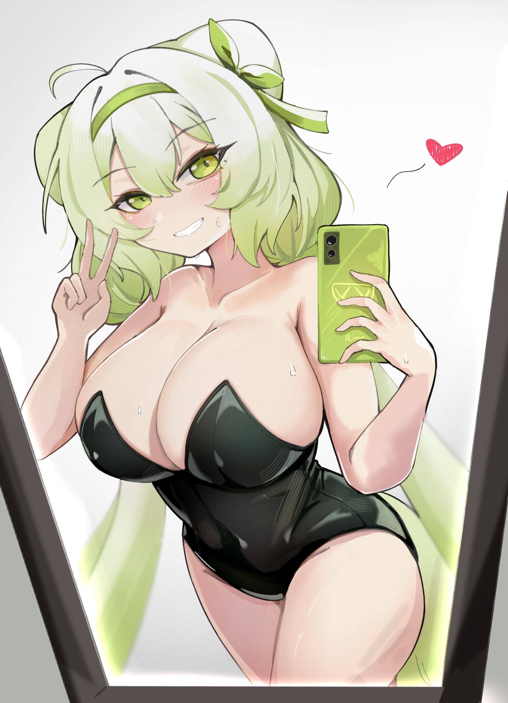 ahoge, animal ears, big breasts, black leotard, blush, breasts, bunnysuit, cellphone, female, ferret ears, ferret girl, ferret tail, gradient hair, green eyes, green hair, green tail, hairband, heart, highres, hips, huge breasts, indie virtual youtuber, laimu, large breasts, leotard, limealicious, massive breasts, mirror selfie, multicolored hair, phone, sae art, selfie, smartphone, smile, standing, sweat, sweatdrop, thick thighs, thighs, tits, twintails, v, virtual youtuber, vtuber, white hair